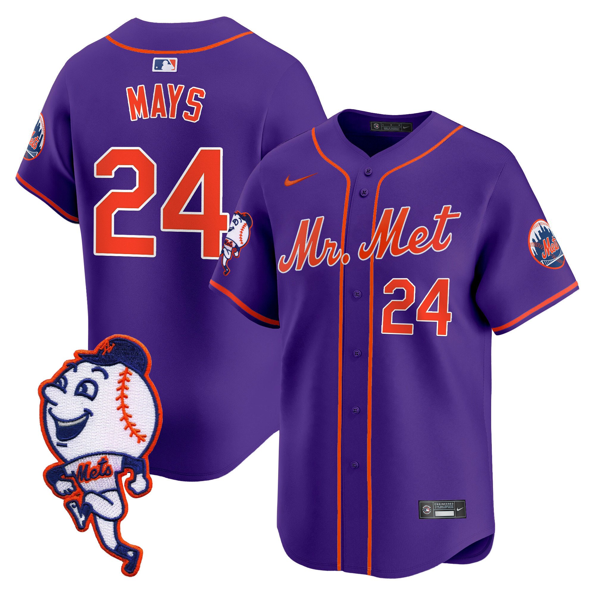Men's Willie Mays New York Mets Mr. Met Patch Vapor Premier Limited Purple Jersey - All Stitched