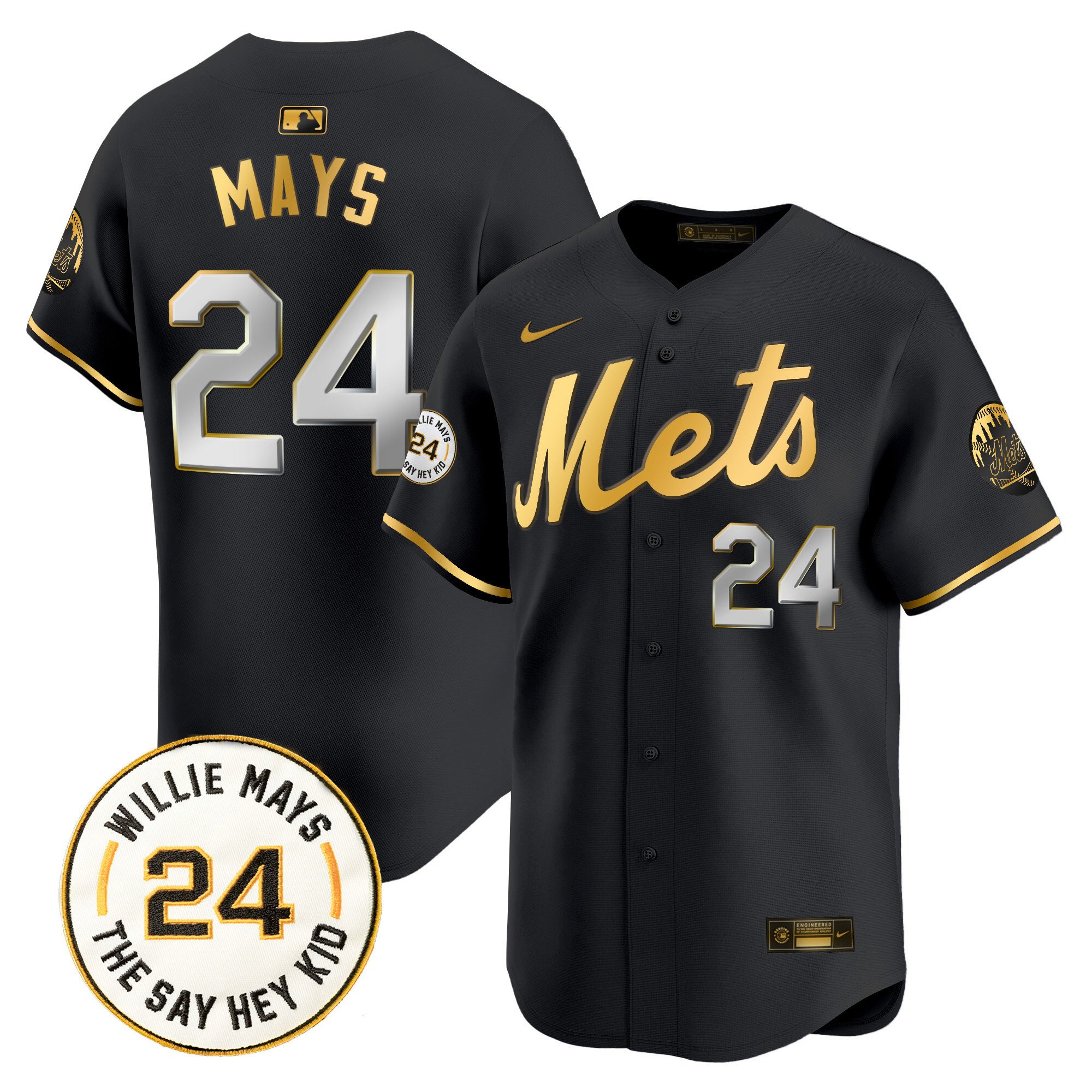 Men's Willie Mays New York Mets Willie Mays Patch Vapor Premier Limited Black Gold Jersey - All Stitched