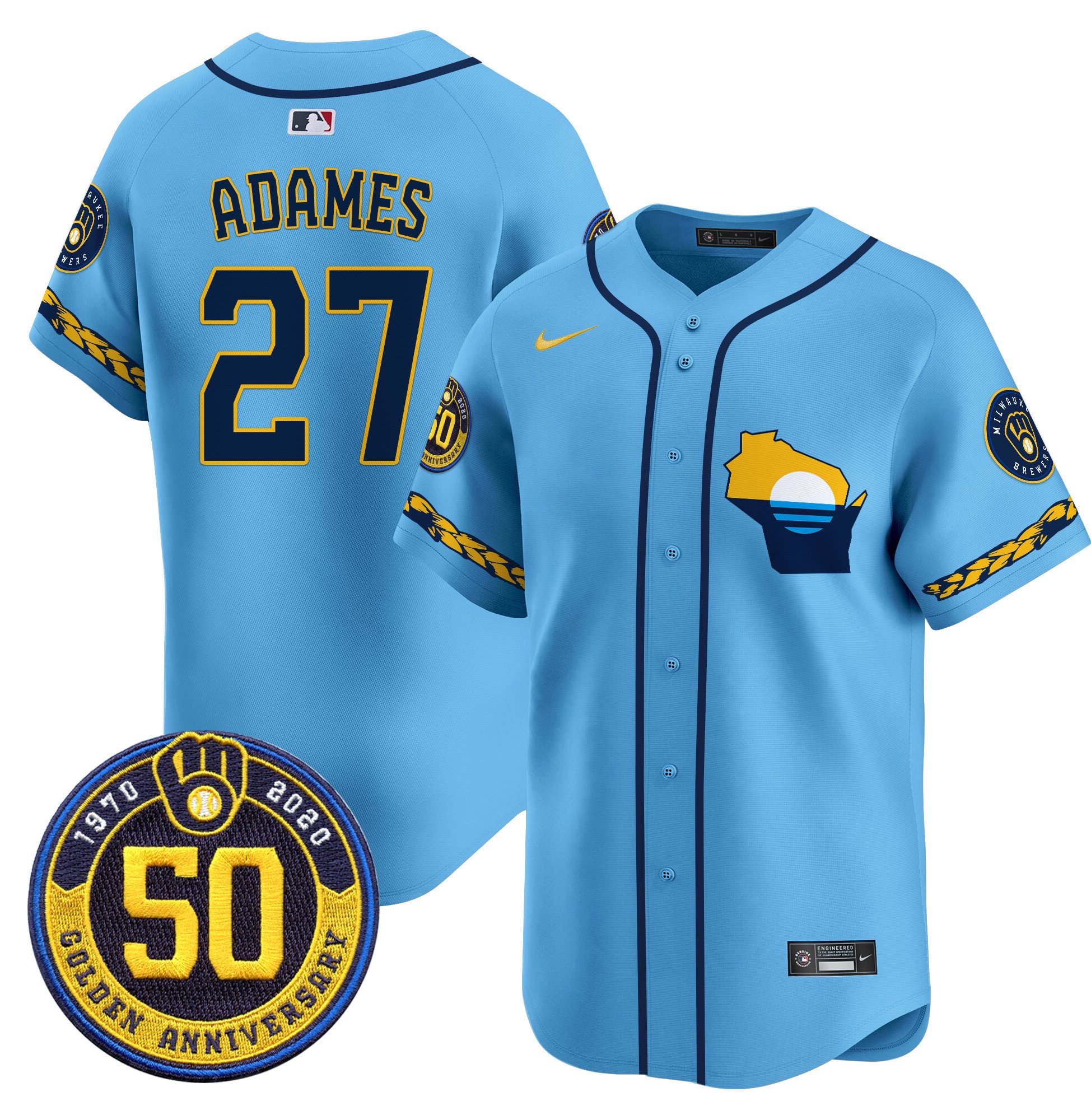 Men's Willy Adames Milwaukee Brewers Golden 50th Anniversary Patch Vapor Premier Limited Blue Jersey - All Stitched