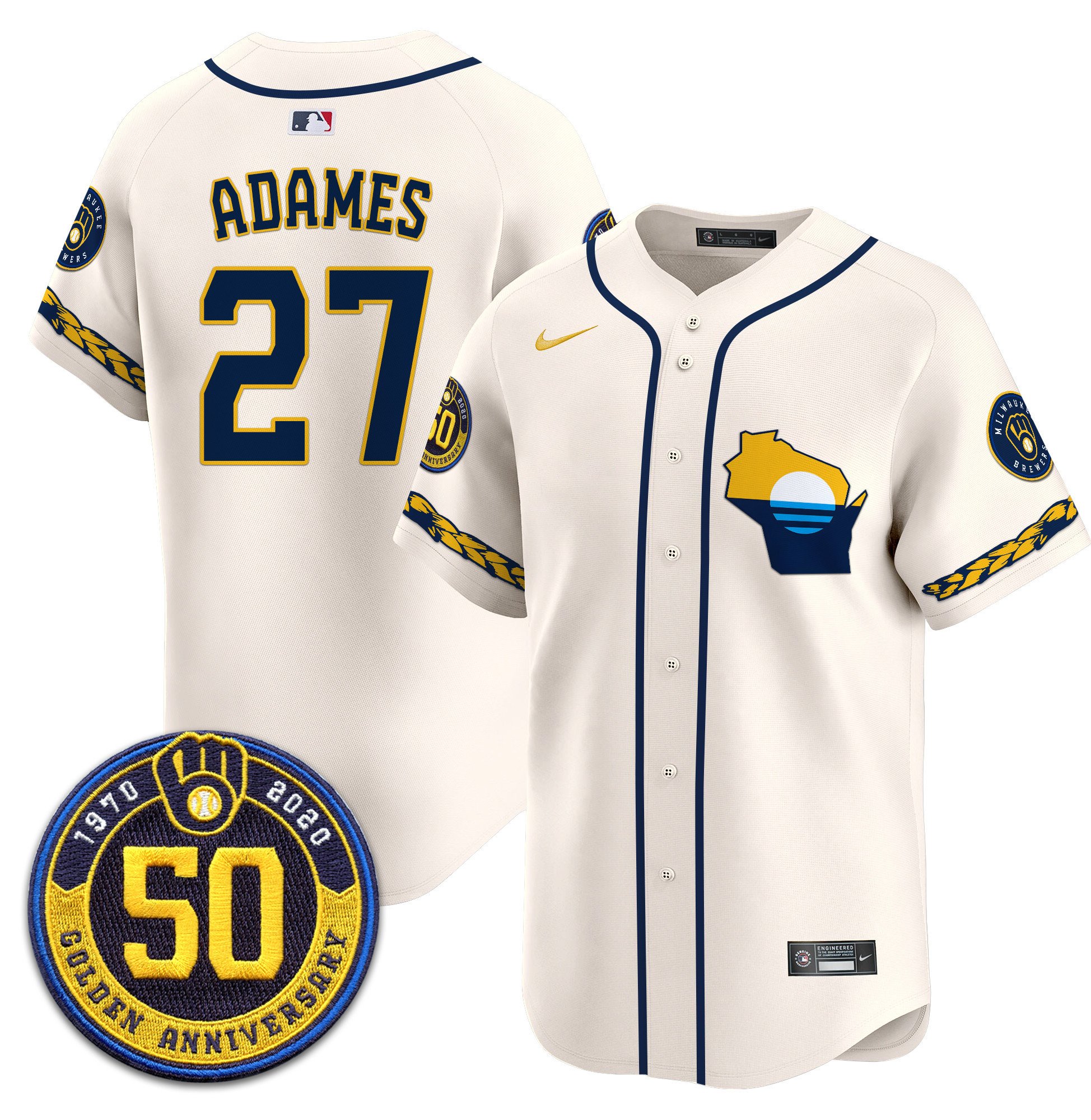 Men's Willy Adames Milwaukee Brewers Golden 50th Anniversary Patch Vapor Premier Limited Cream Jersey - All Stitched