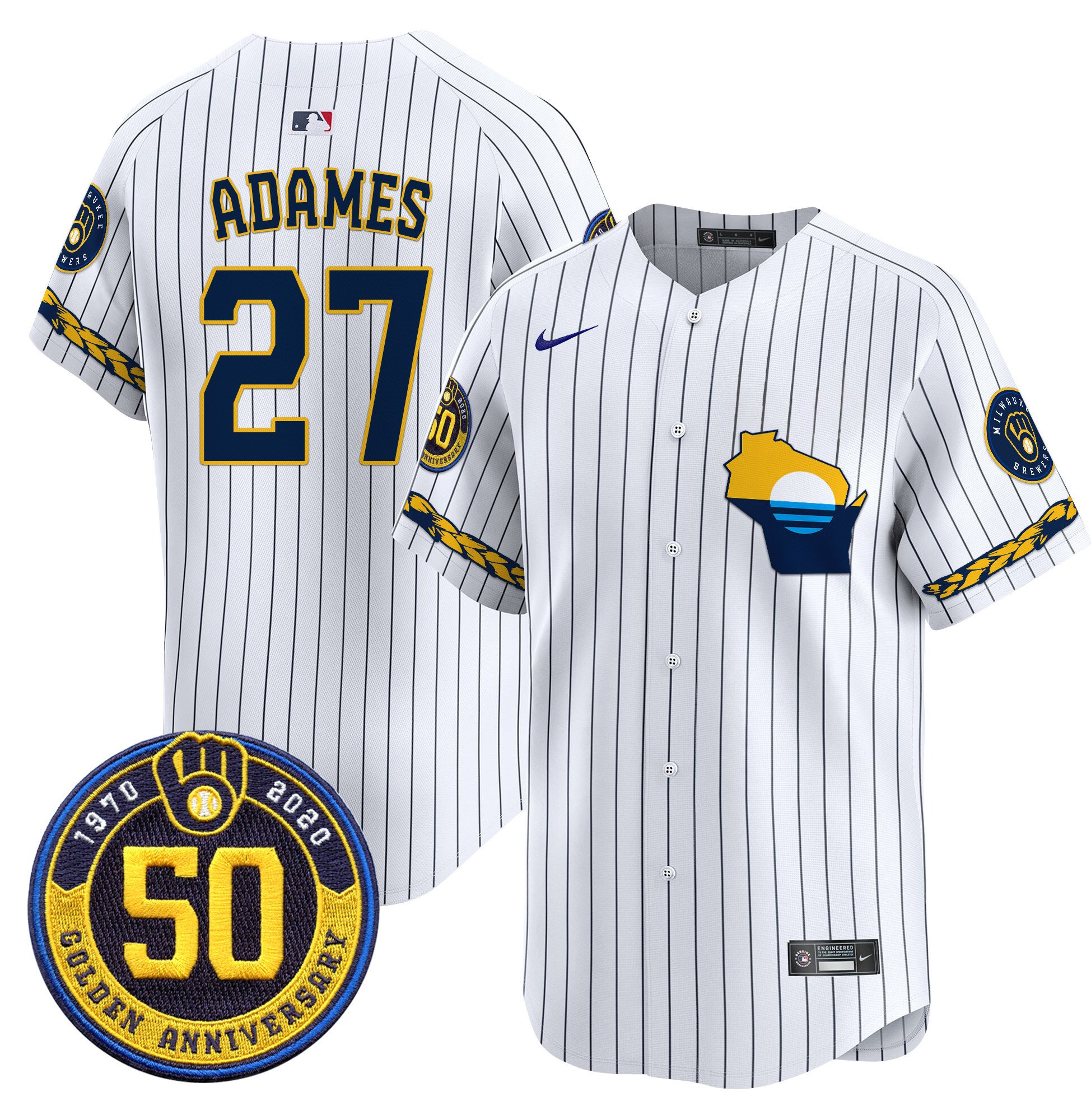 Men's Willy Adames Milwaukee Brewers Golden 50th Anniversary Patch Vapor Premier Limited Pinstripe Jersey - All Stitched