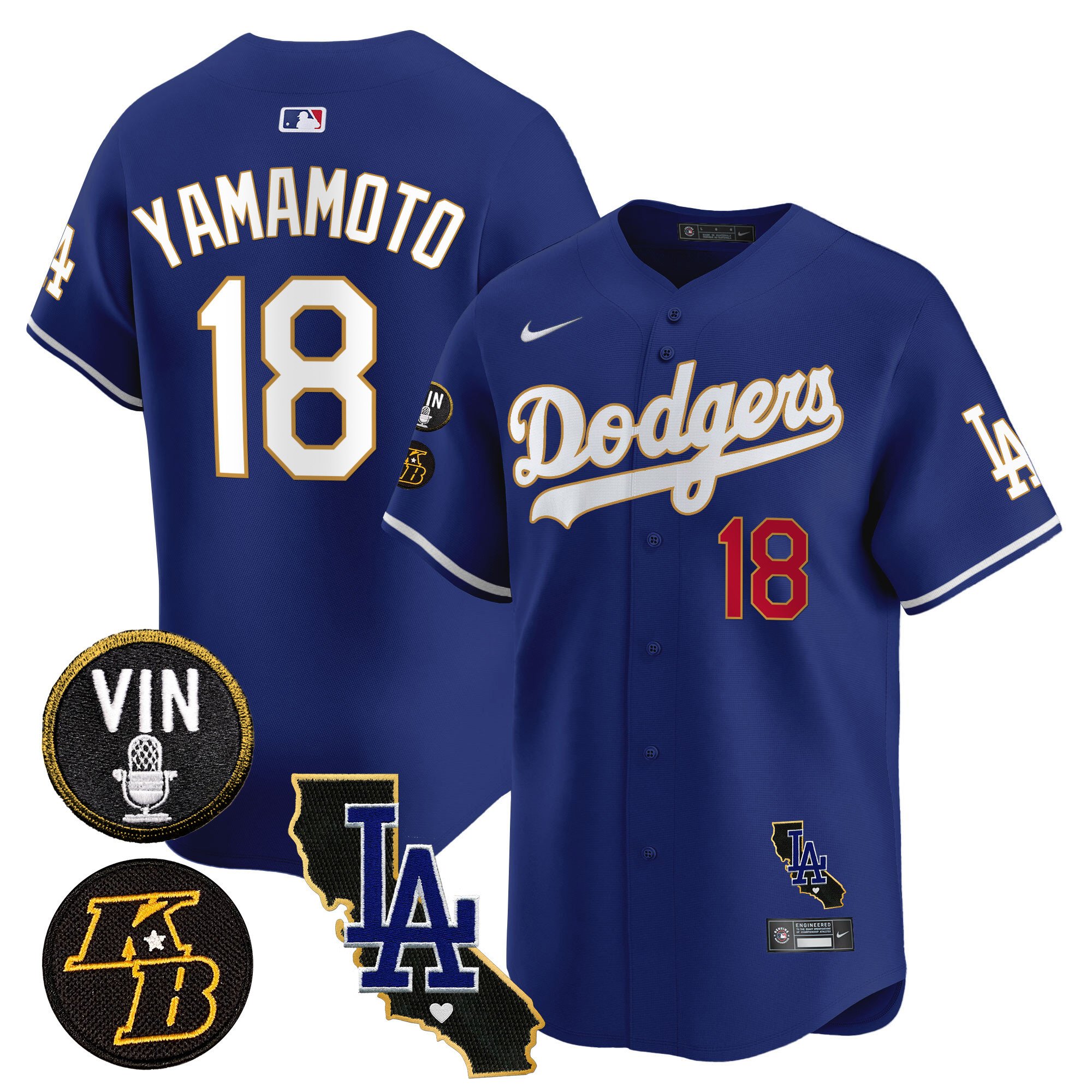 Men's Yamamoto Los Angeles Dodgers Vin & Kobe Patch Gold Trim Vapor Premier Limited Royal Jersey V2 - All Stitched