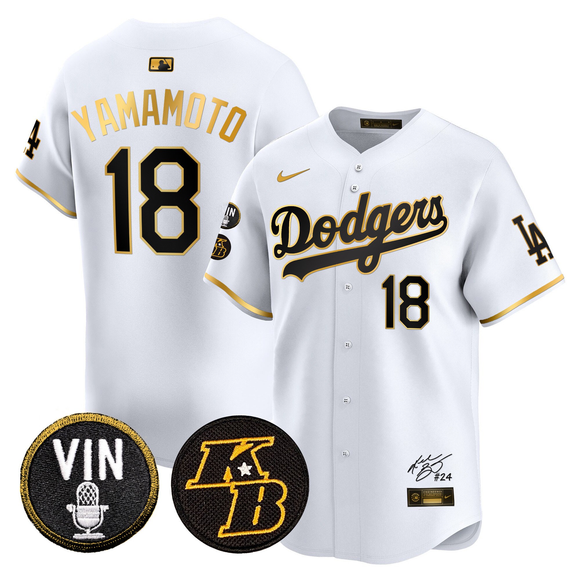 Men's Yamamoto Los Angeles Dodgers Vin Patch & Kobe Bryant Signature Vapor Premier Limited White Gold Jersey - All Stitched