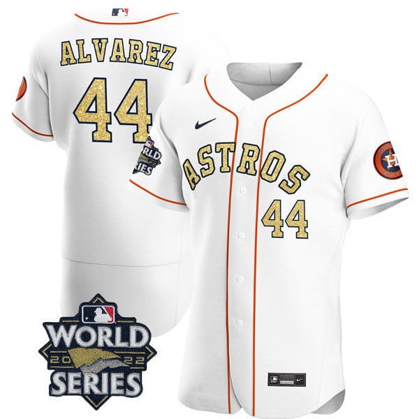 Men's Yordan Â¡lvarez Houston Astros White Gold 2022 World Series Flex Base Jersey Ã± All Stitched