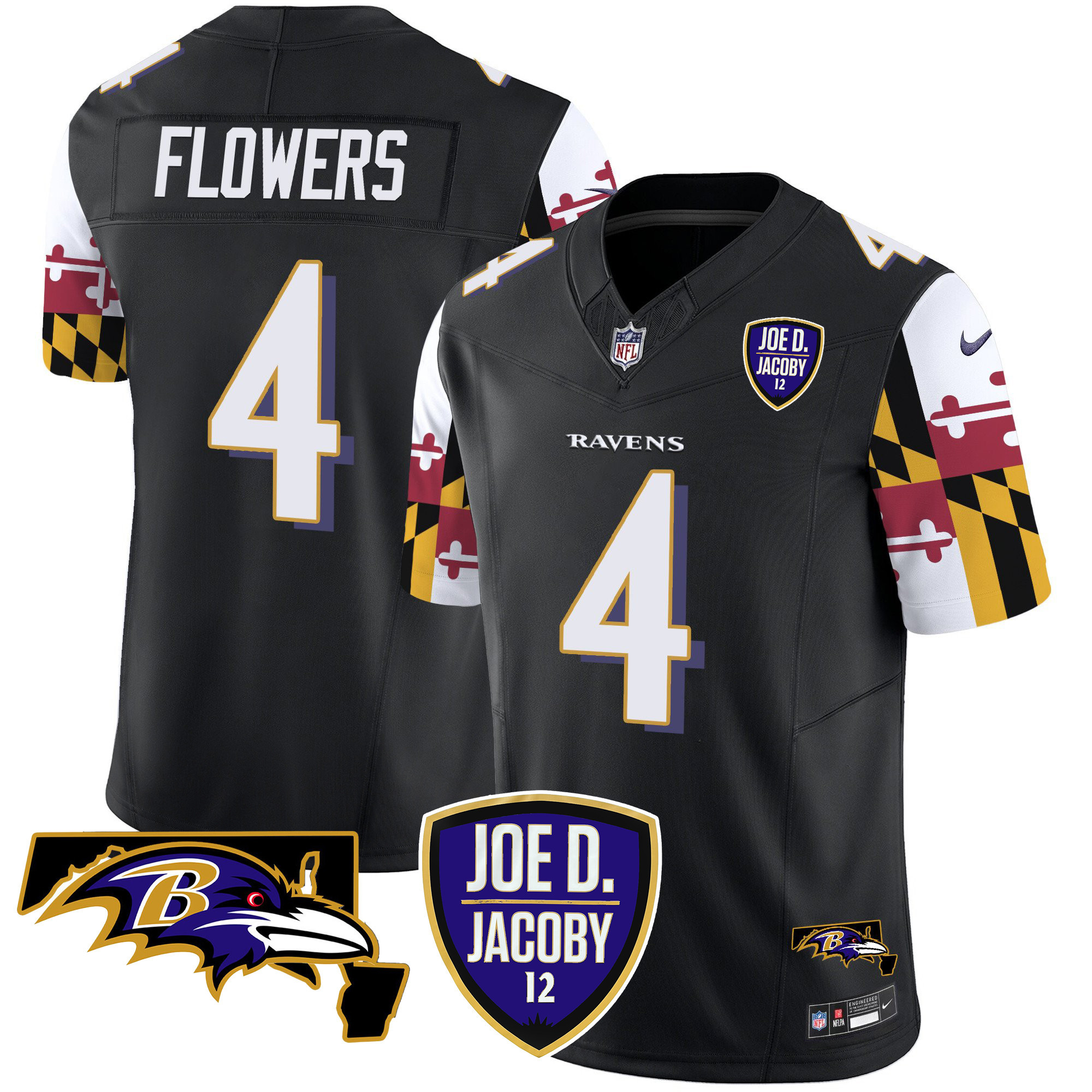Men's Zay Flowers Baltimore Ravens Joe D & Jacoby Patch Vapor Limited Black Jersey V2 - All Stitched