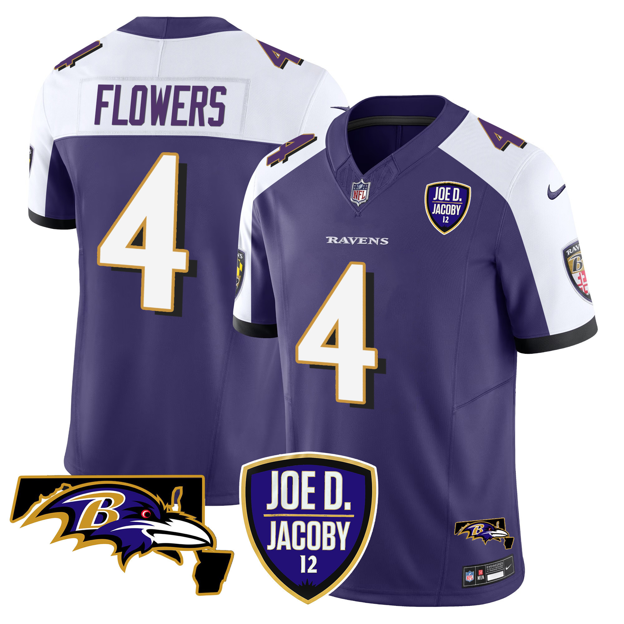 Men's Zay Flowers Baltimore Ravens Joe D & Jacoby Patch Vapor Limited Purple Alternate Jersey - All Stitched