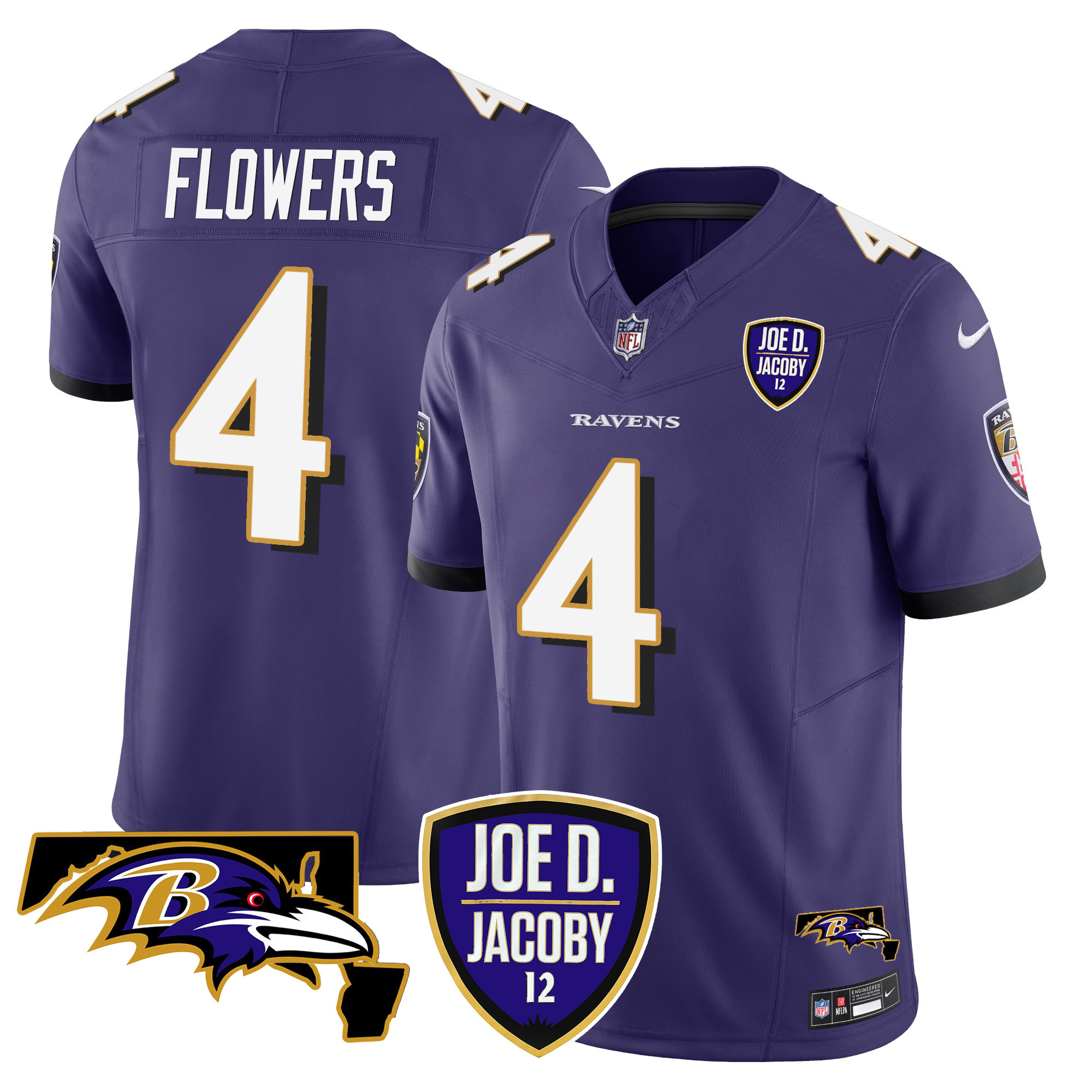 Men's Zay Flowers Baltimore Ravens Joe D & Jacoby Patch Vapor Limited Purple Jersey - All Stitched