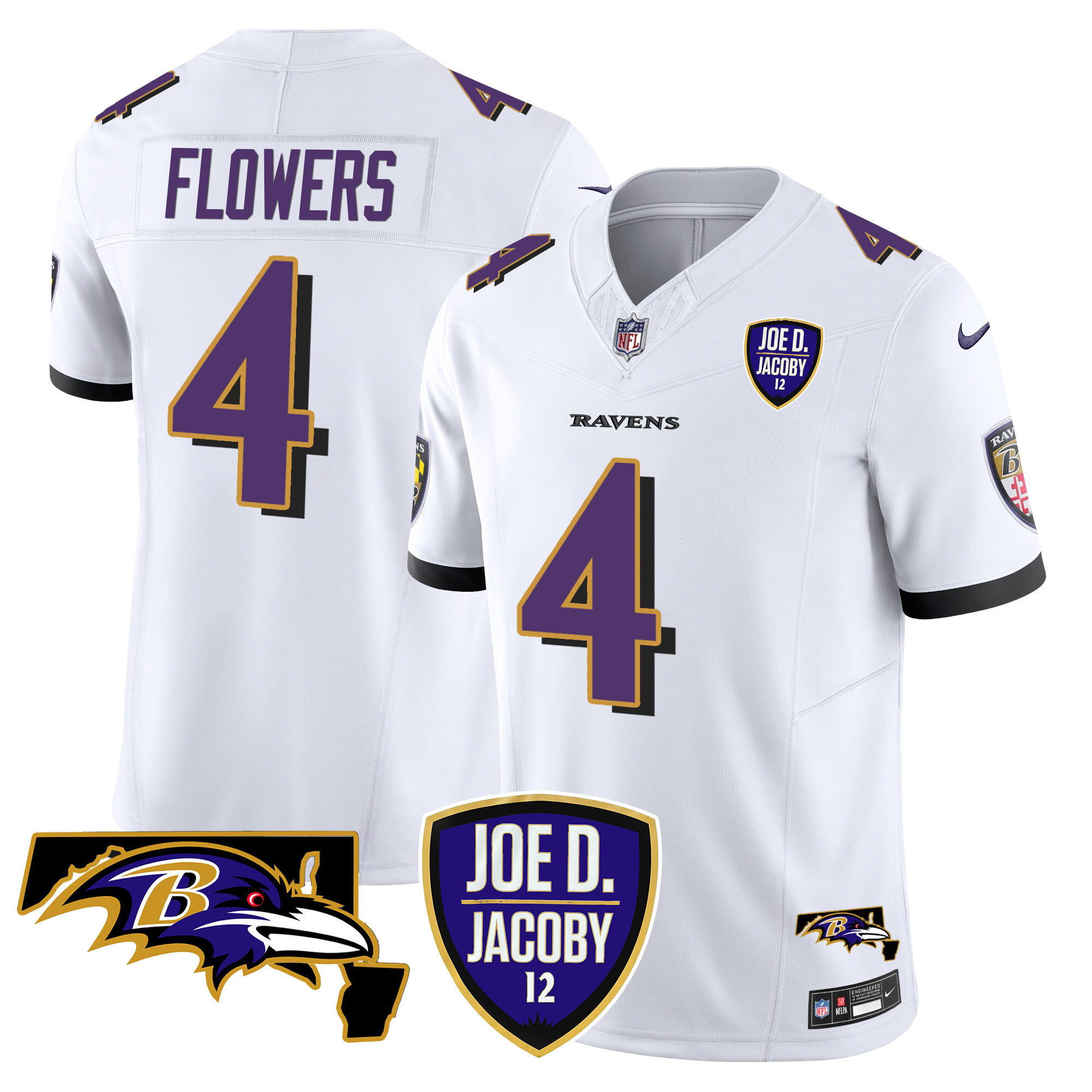 Men's Zay Flowers Baltimore Ravens Joe D & Jacoby Patch Vapor Limited White Jersey - All Stitched