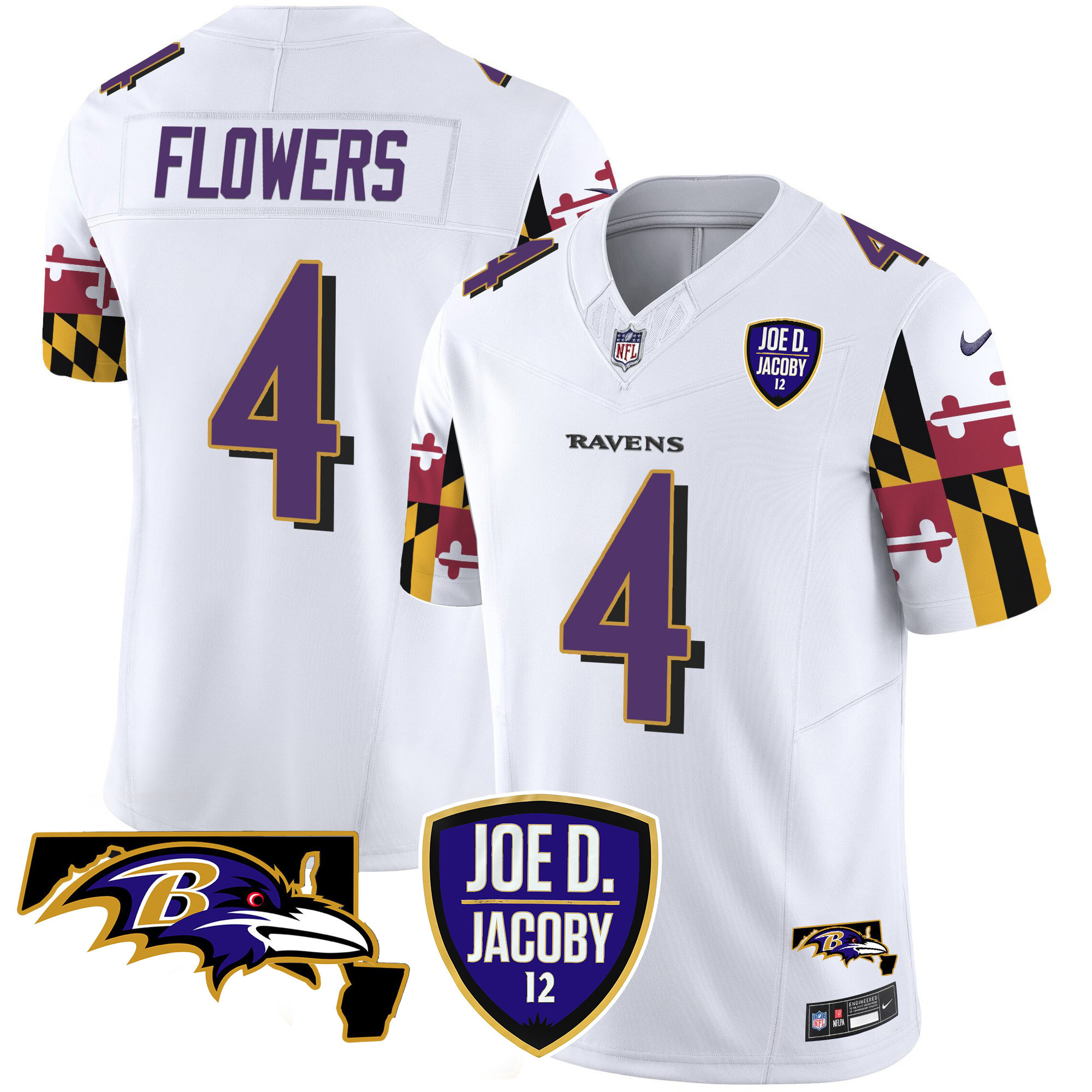 Men's Zay Flowers Baltimore Ravens Joe D & Jacoby Patch Vapor Limited White Jersey V2 - All Stitched