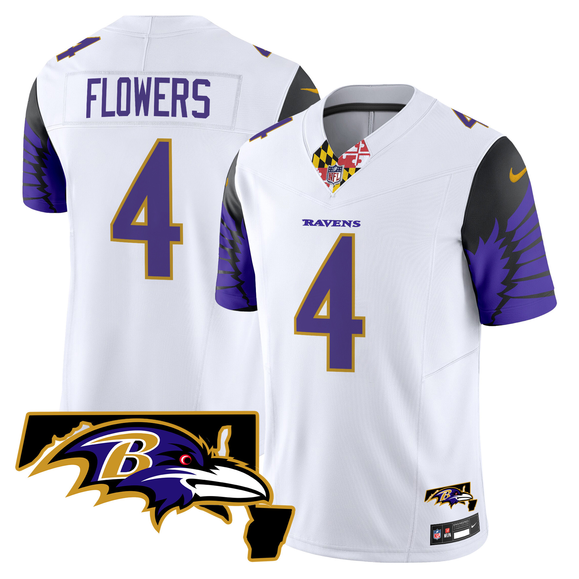 Men's Zay Flowers Baltimore Ravens Maryland Patch Vapor Limited White Jersey V2 - All Stitched