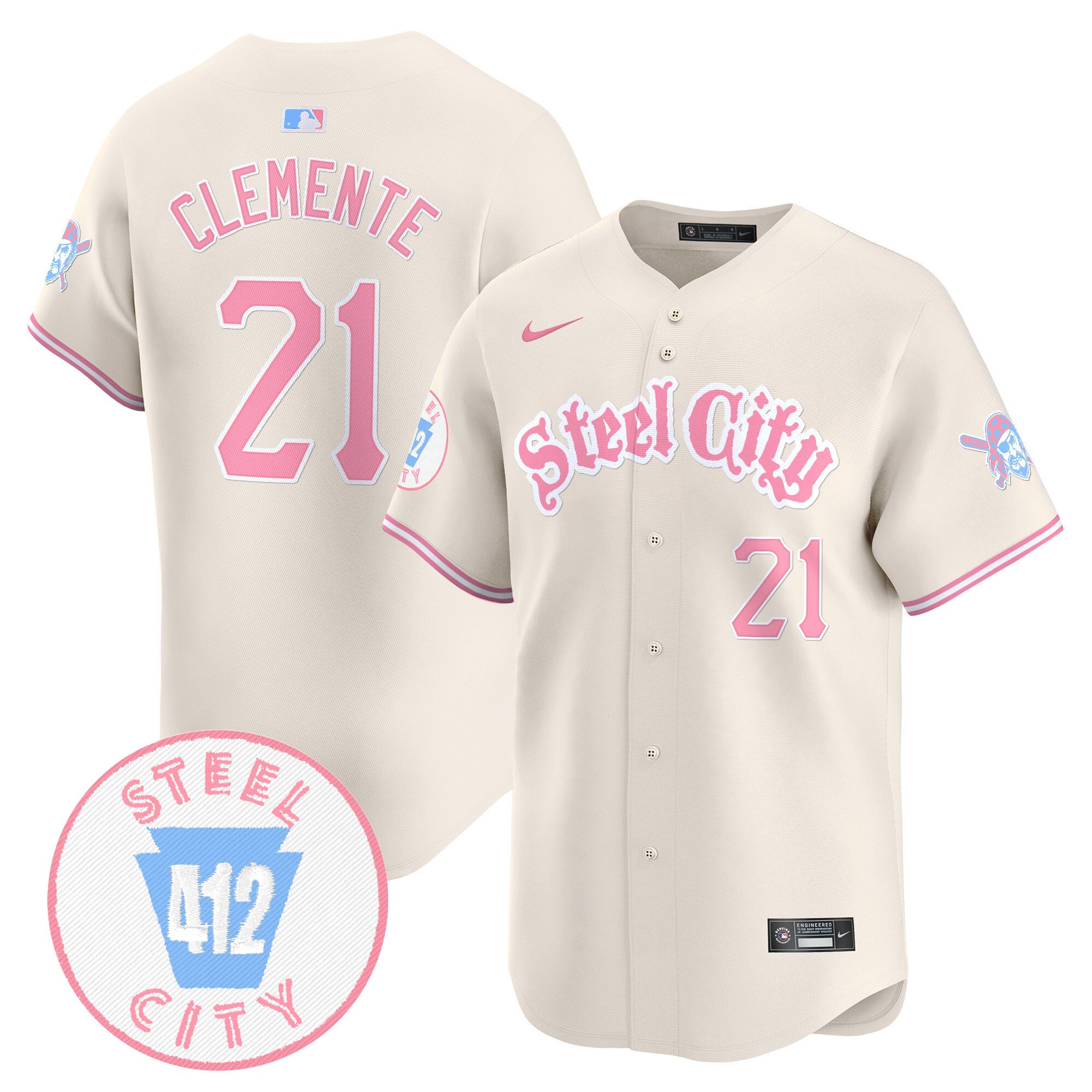 Roberto ClementeUnisex Pittsburgh Pirates Bubblegum Pink Vapor Premier Limited Cream Jersey V2 - All Stitched