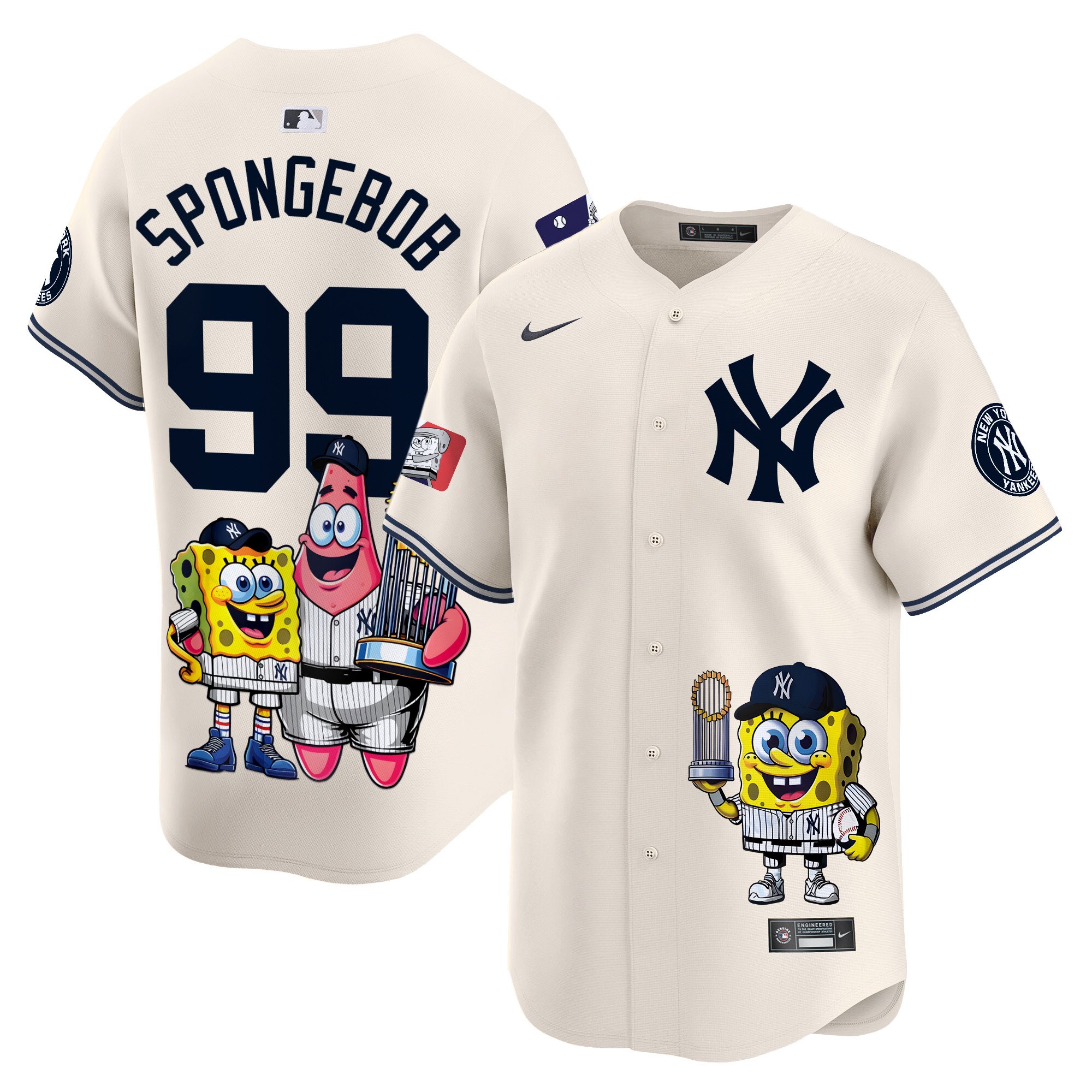 SpongeBobUnisex New York Yankees SpongeBob SquarePants Vapor Premier Limited Cream Jersey - Printed