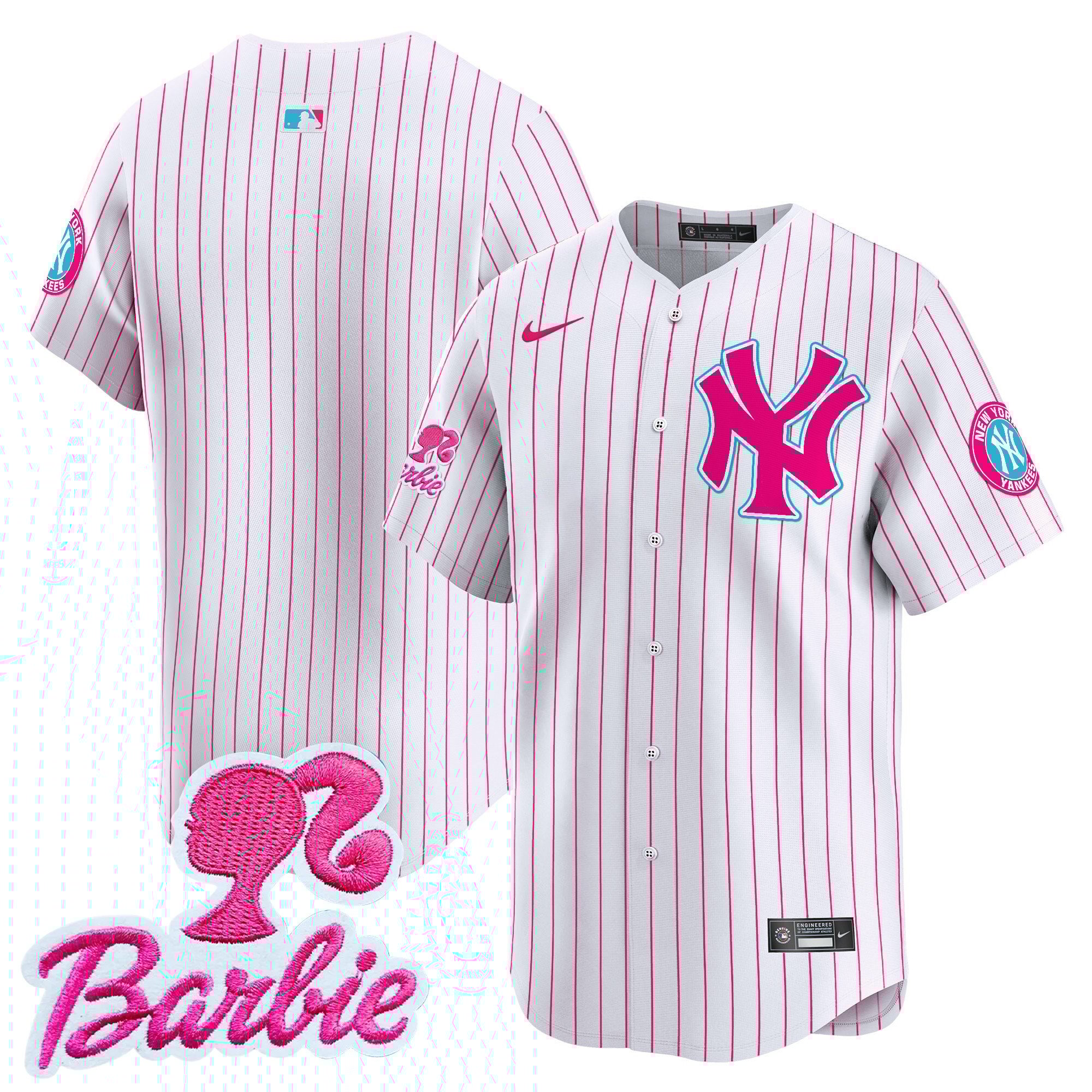 Unisex New York Yankees Barbie Patch Vapor Premier Limited Pink Stripe Jersey - All Stitched