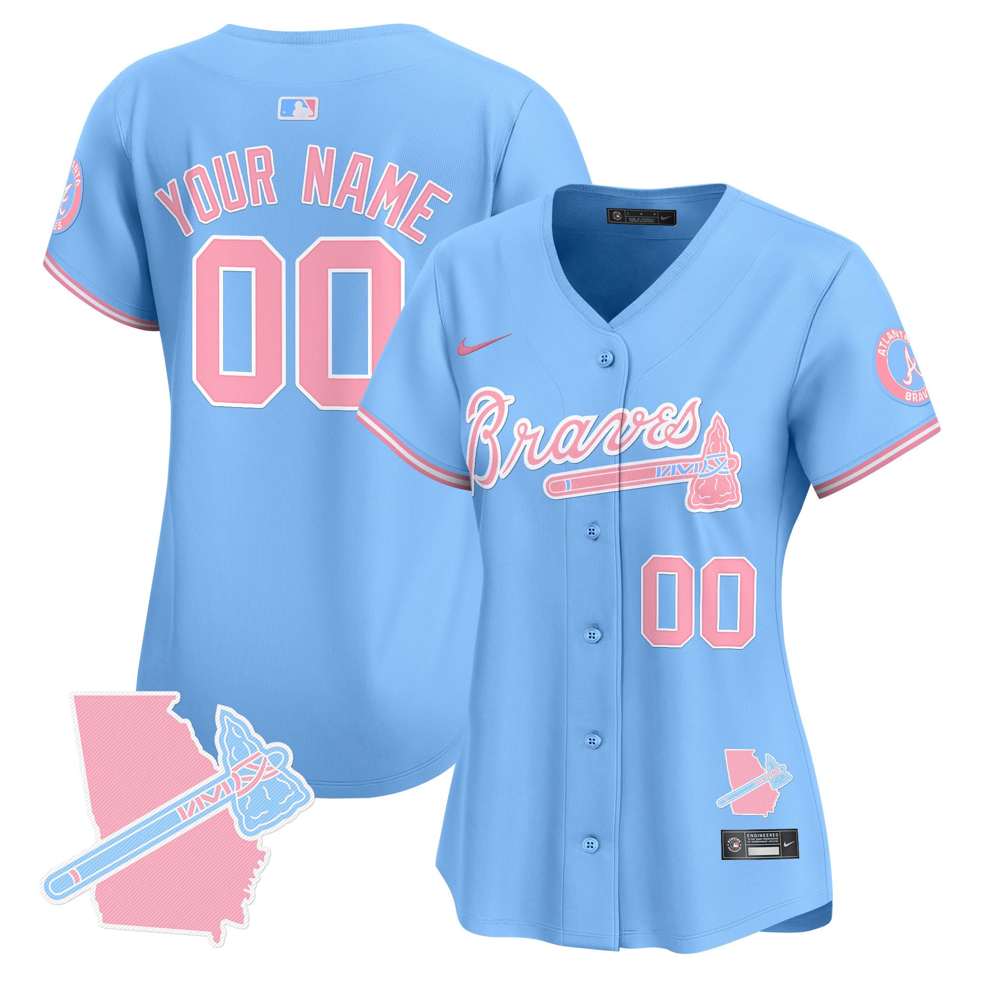Women Atlanta Braves Bubblegum Pink Vapor Premier Limited Custom Light Blue Jersey - All Stitched