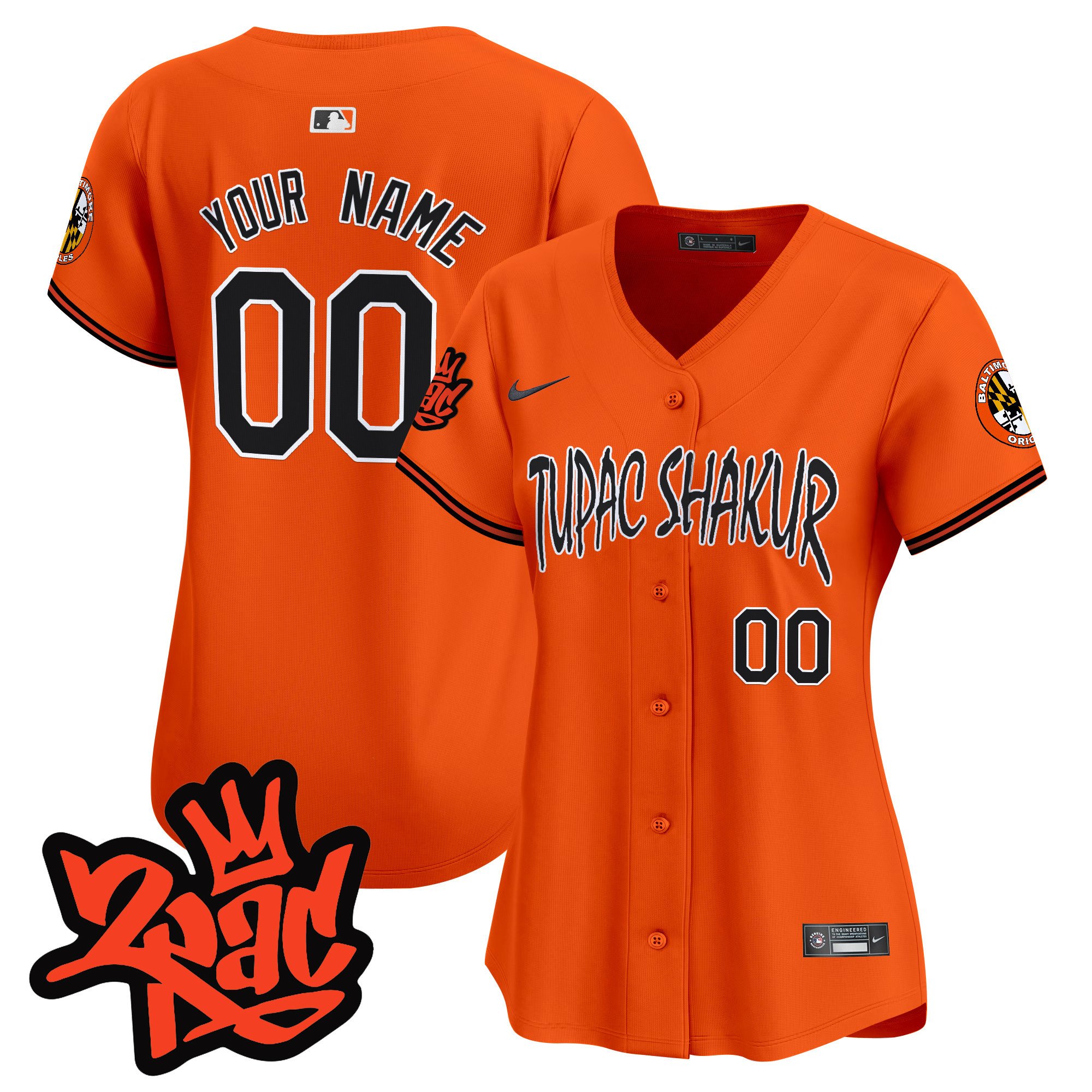 Women Baltimore Orioles Tupac Shakur Vapor Premier Limited Custom Orange Jersey - All Stitched