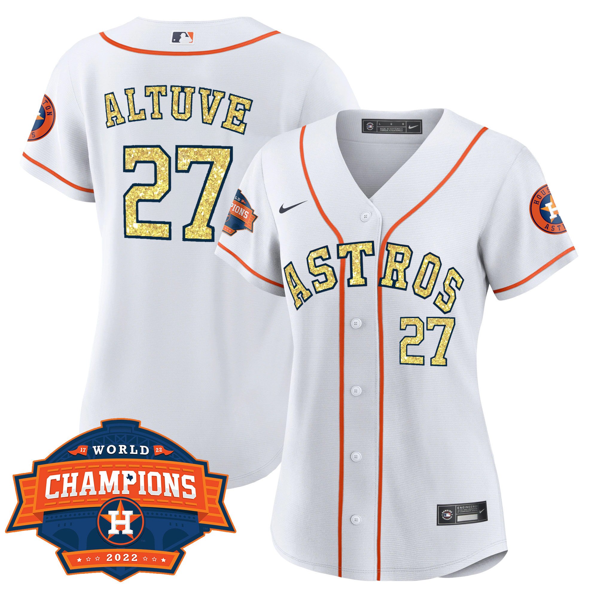 Women Cool Base JosÃˆ Altuve Houston Astros Special White Gold 2022 World Series Champions Patch Jersey Ã± All Stitched