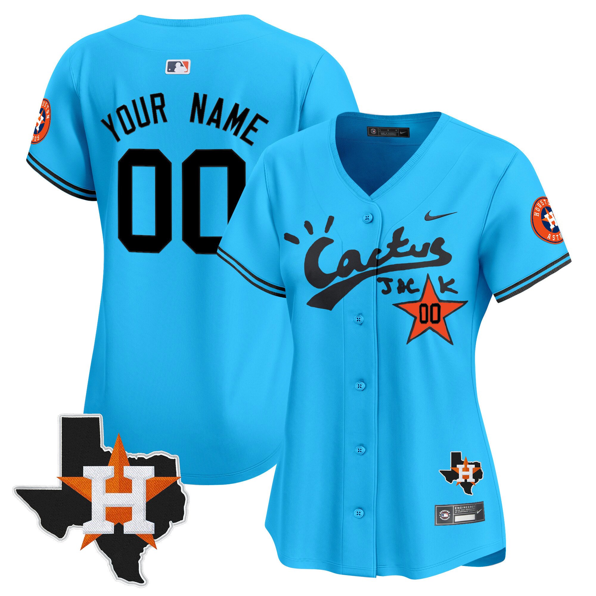Women Houston Astros Cactus Jack Patch Vapor Premier Limited Custom Light Blue Jersey V11 - Stitched