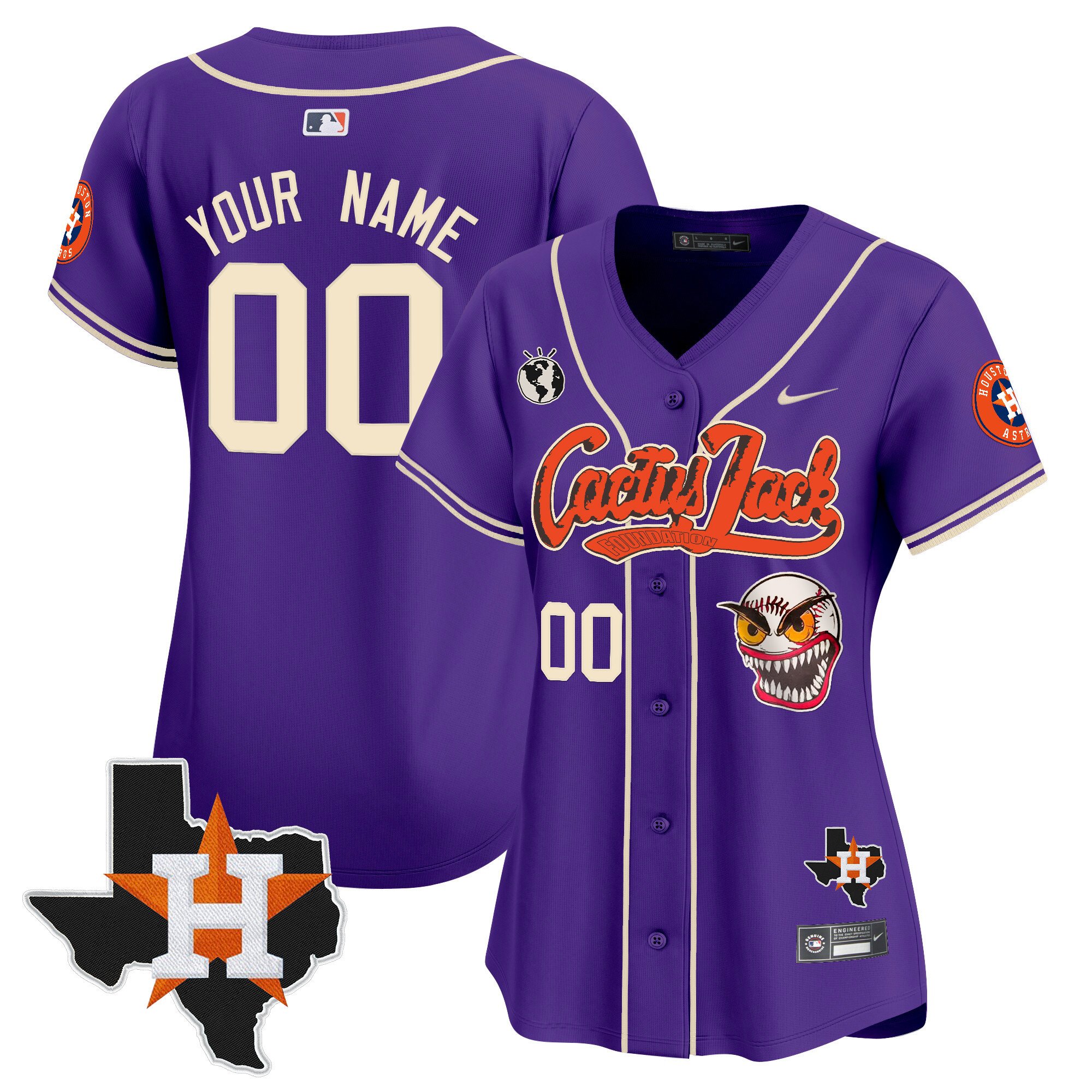Women Houston Astros Cactus Jack Patch Vapor Premier Limited Custom Purple Jersey V12 - Stitched