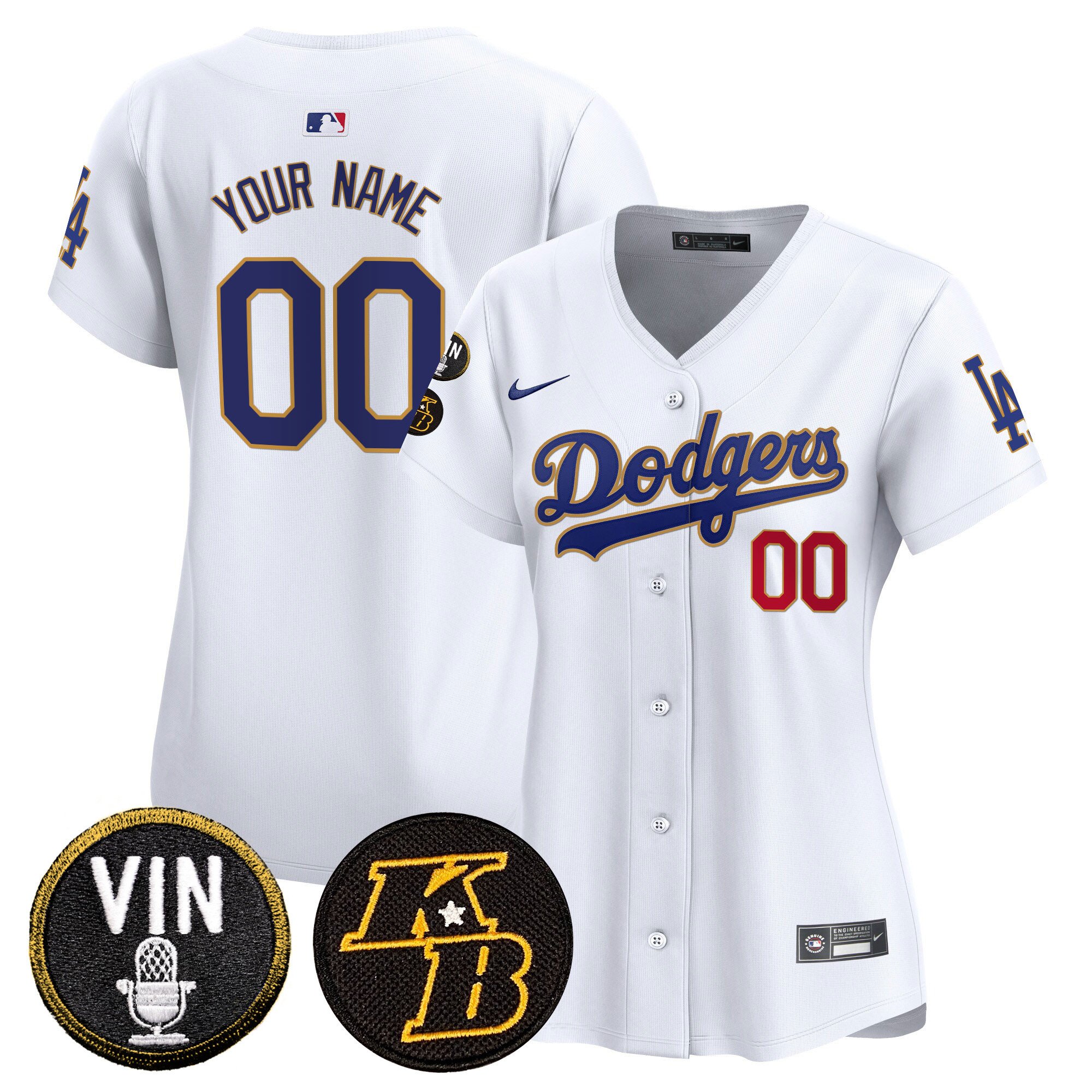 Women Los Angeles Dodgers Vin & Kobe Patch Gold Trim Vapor Premier Limited Custom White Jersey - All Stitched