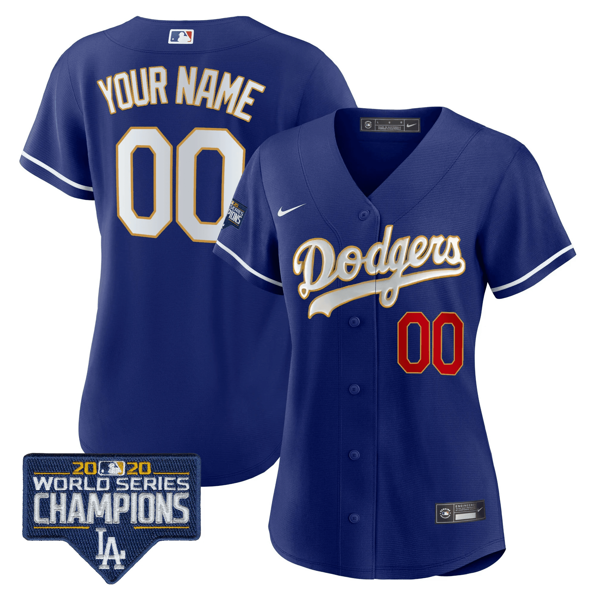 Women Los Angeles Dodgers World Series Champions Patch Cool Base Custom Royal Gold Jersey - All Stitched