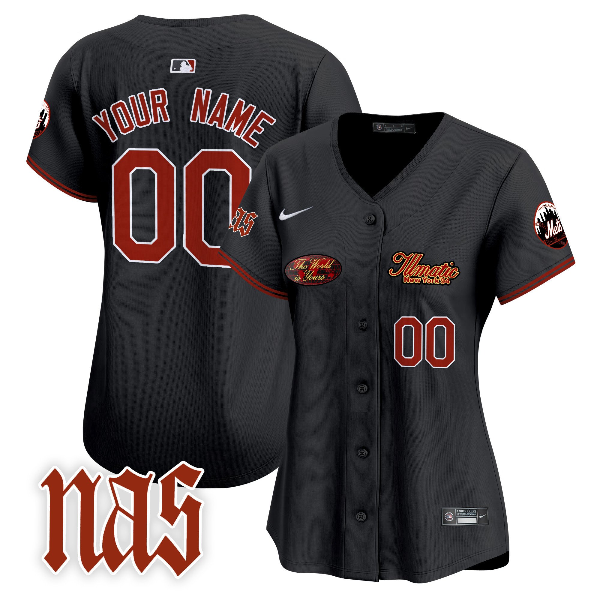 Women New York Mets Nas Illmatic Vapor Premier Limited Custom Black Jersey V2 - All Stitched