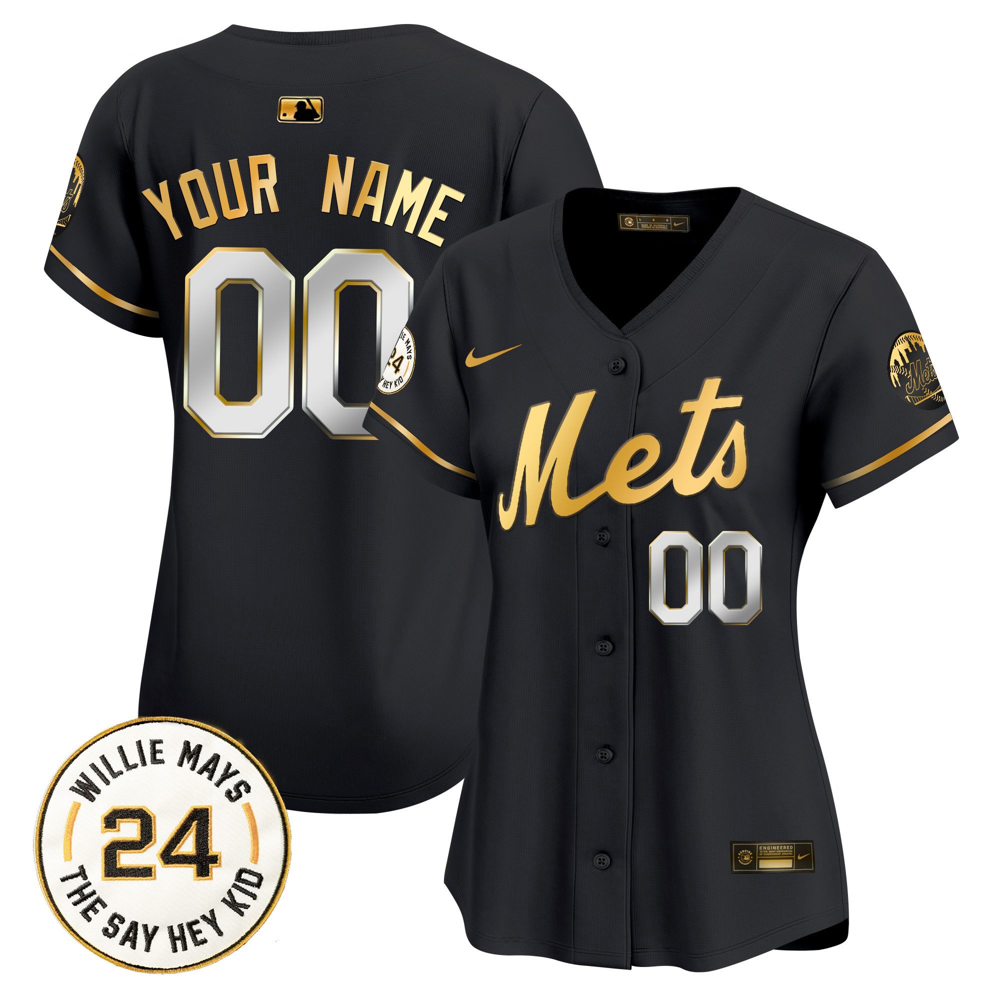 Women New York Mets Willie Mays Patch Vapor Premier Limited Custom Black Gold Jersey - All Stitched