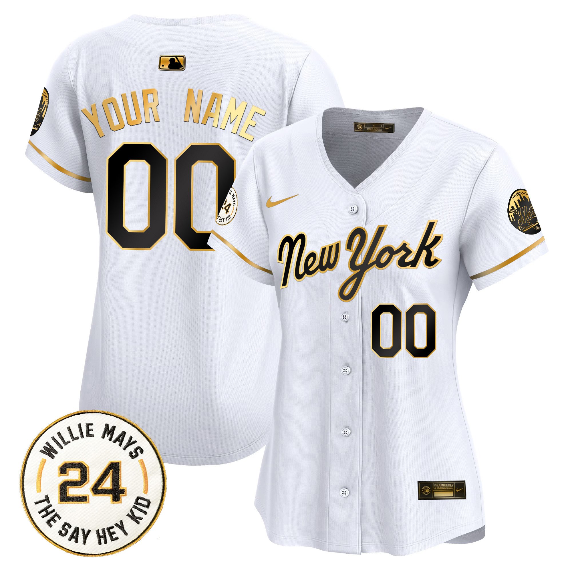 Women New York Mets Willie Mays Patch Vapor Premier Limited Custom New York Gold Jersey - All Stitched