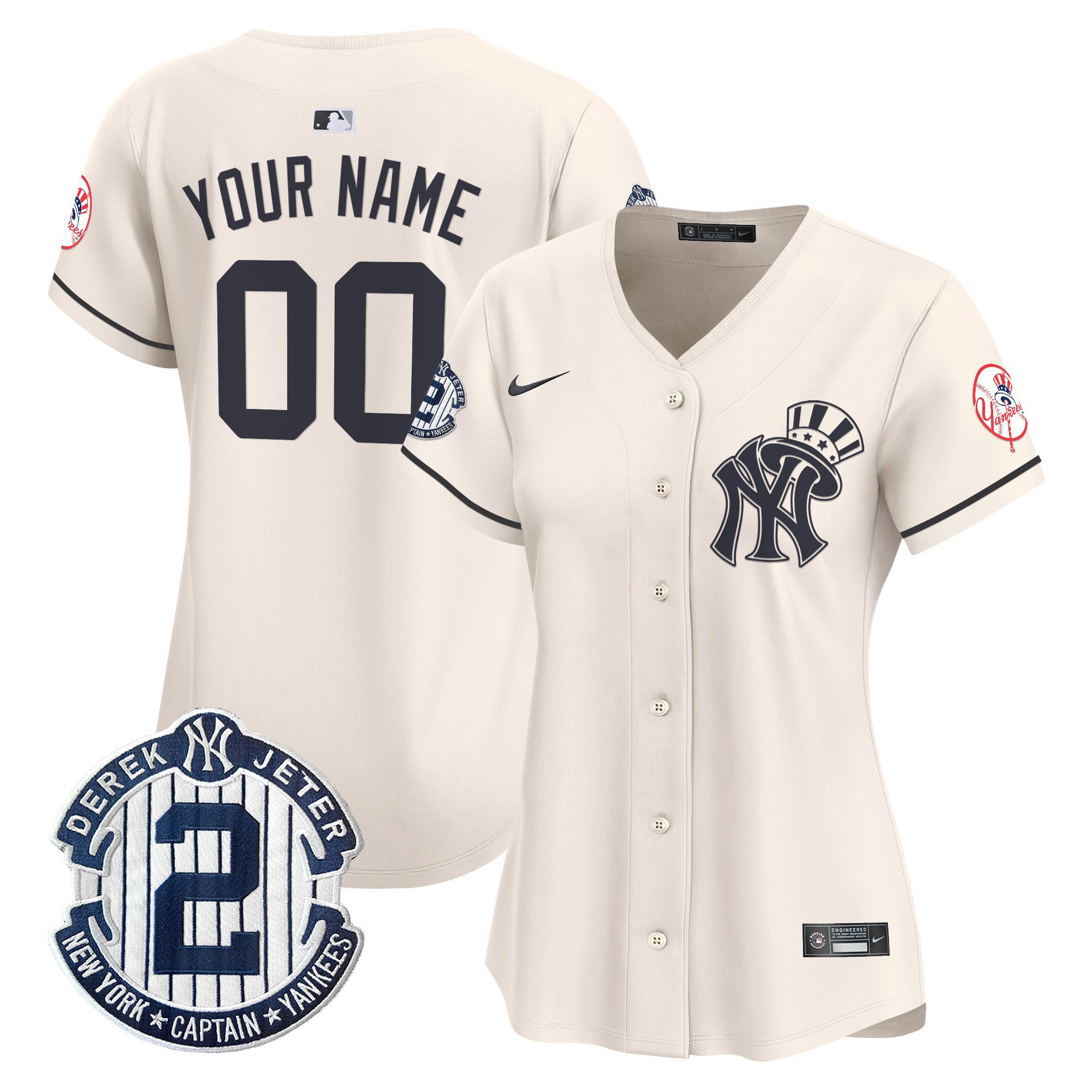 Women New York Yankees Derek Jeter Patch Vapor Premier Limited Custom Cream Jersey V2 - All Stitched