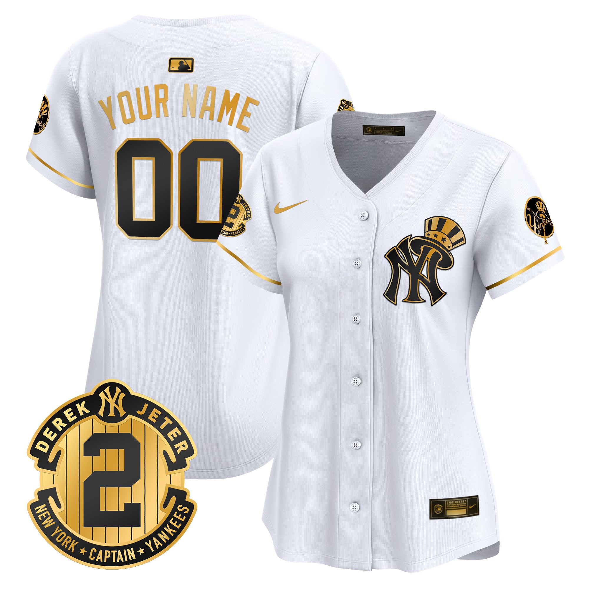 Women New York Yankees Derek Jeter Patch Vapor Premier Limited Custom White Gold Jersey V2 - All Stitched