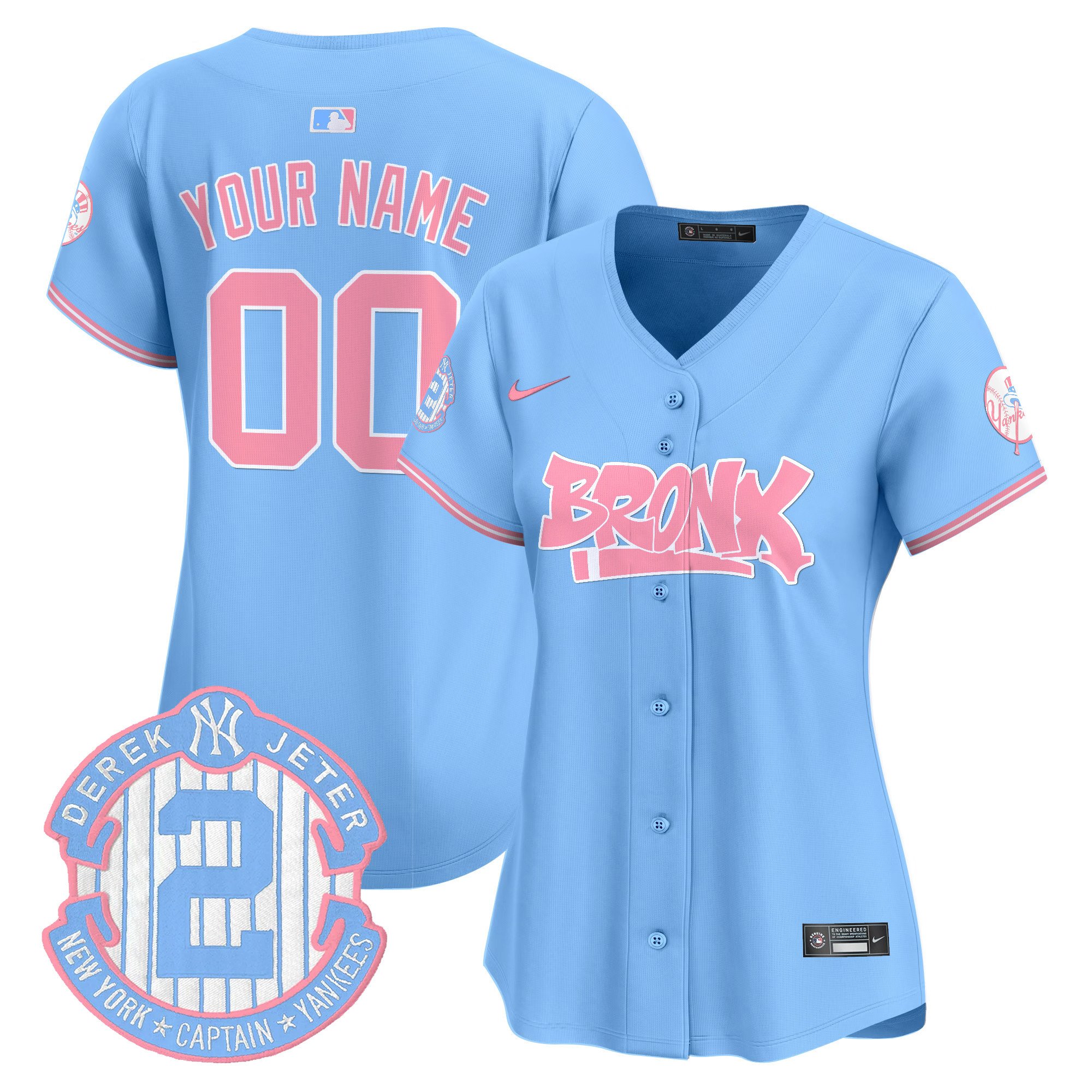 Women New York Yankees The Bronx Graffiti Bubblegum Pink Vapor Premier Limited Custom Light Blue Jersey - All Stitched