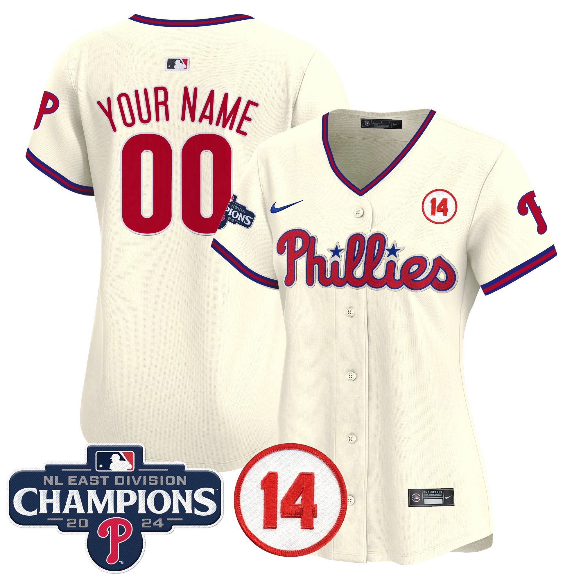 Women Philadelphia Phillies 2024 NL East Division Champions & Pete Rose Patch Vapor Premier Limited Custom Cream Jersey - All Stitched