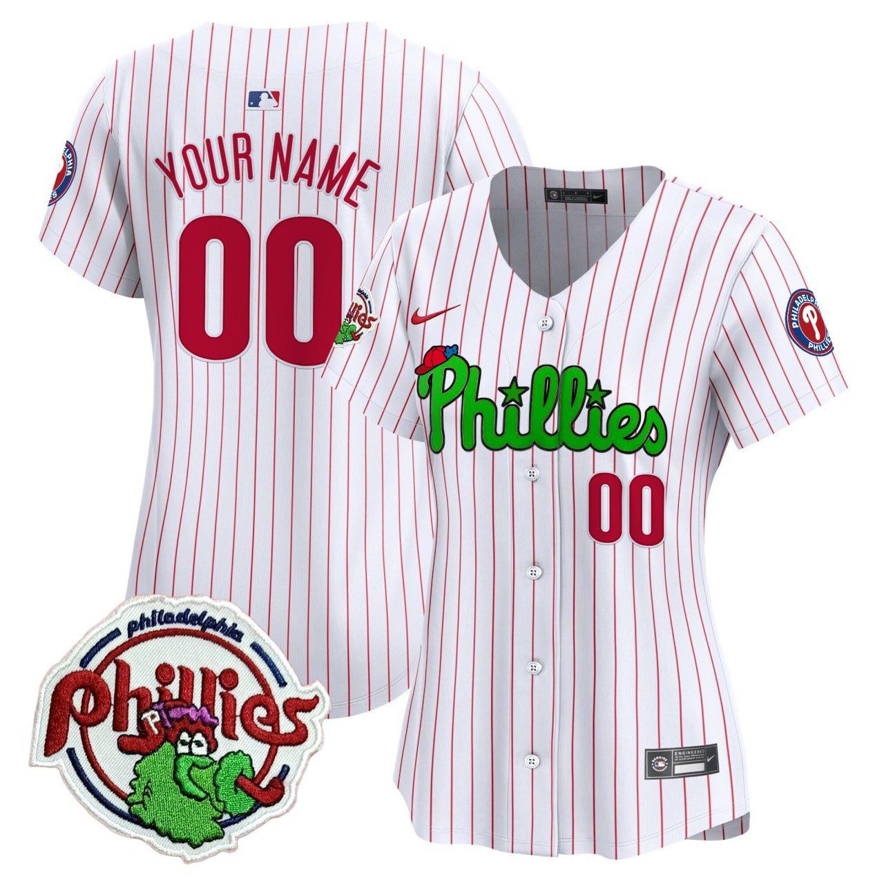Women Philadelphia Phillies Phanatic Patch White Pinstripe Vapor Special Custom Style 2 Jersey - All Stitched
