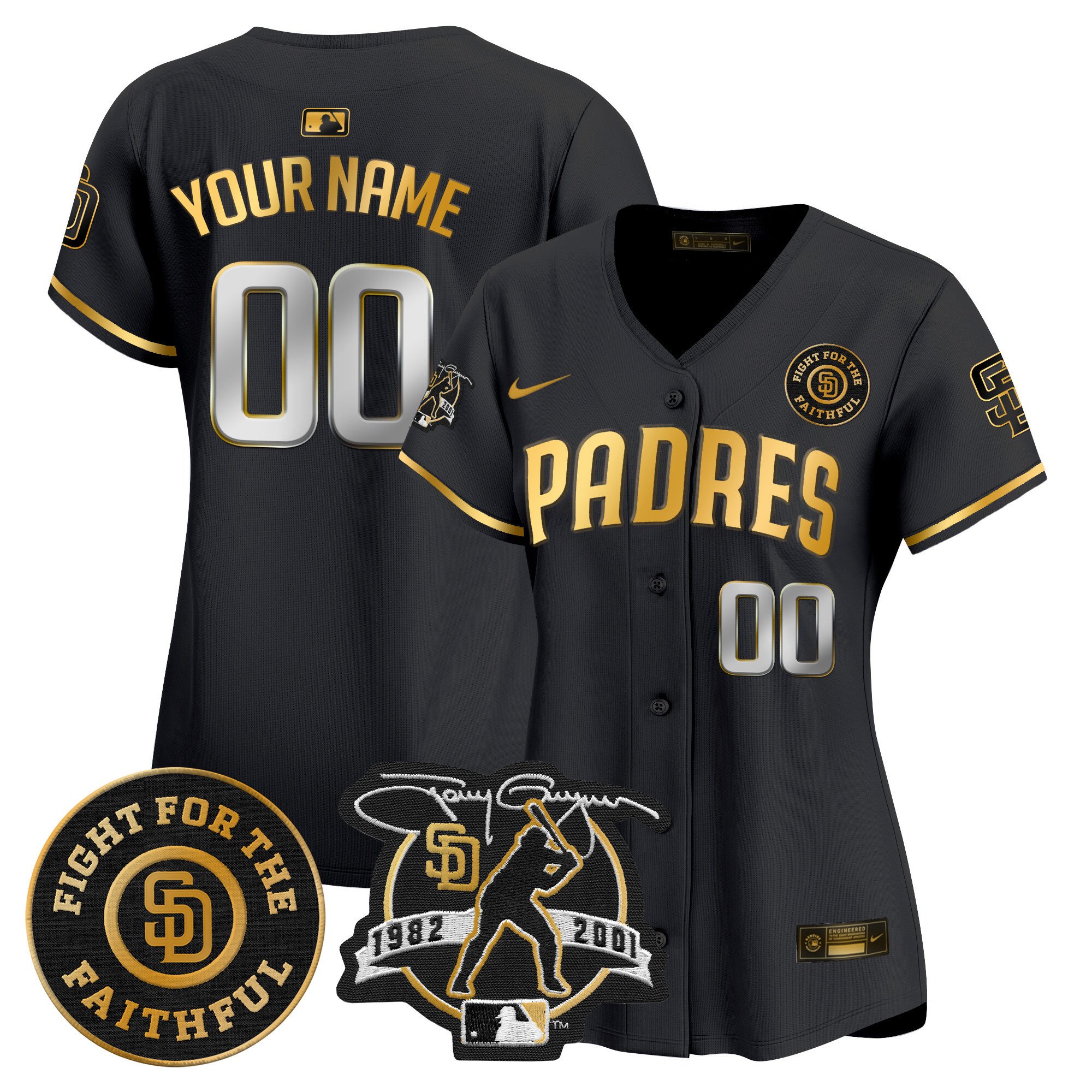 Women San Diego Padres Tony Gwynn & Faithful Patch Vapor Premier Limited Custom Black Gold Jersey Ã± All Stitched