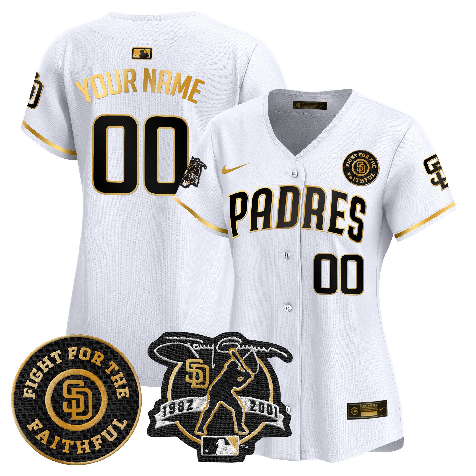 Women San Diego Padres Tony Gwynn & Faithful Patch Vapor Premier Limited Custom White Gold Jersey Ã± All Stitched