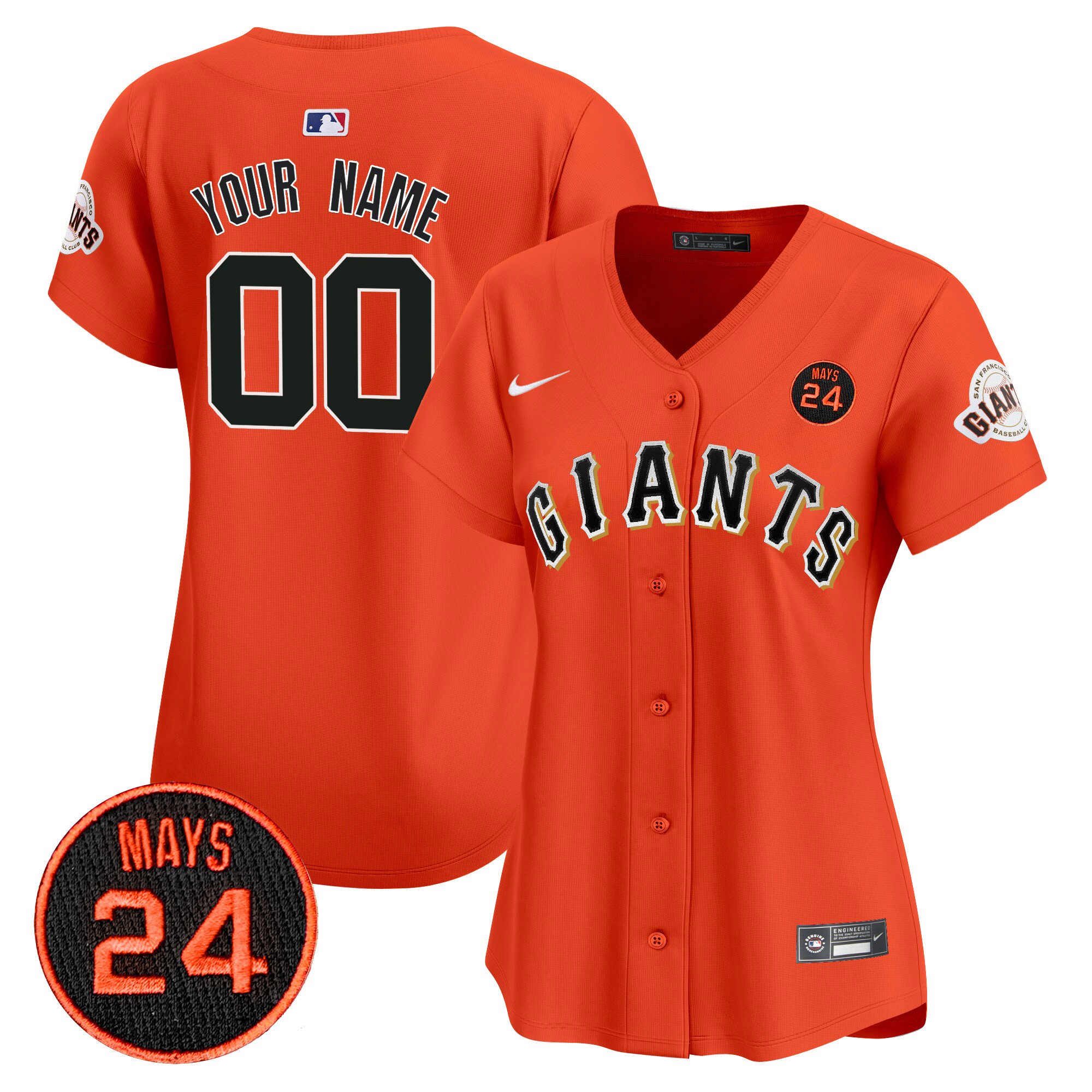 Women San Francisco Giants 2024 Willie Mays Patch Vapor Premier Limited Custom Orange Jersey V3 - All Stitched