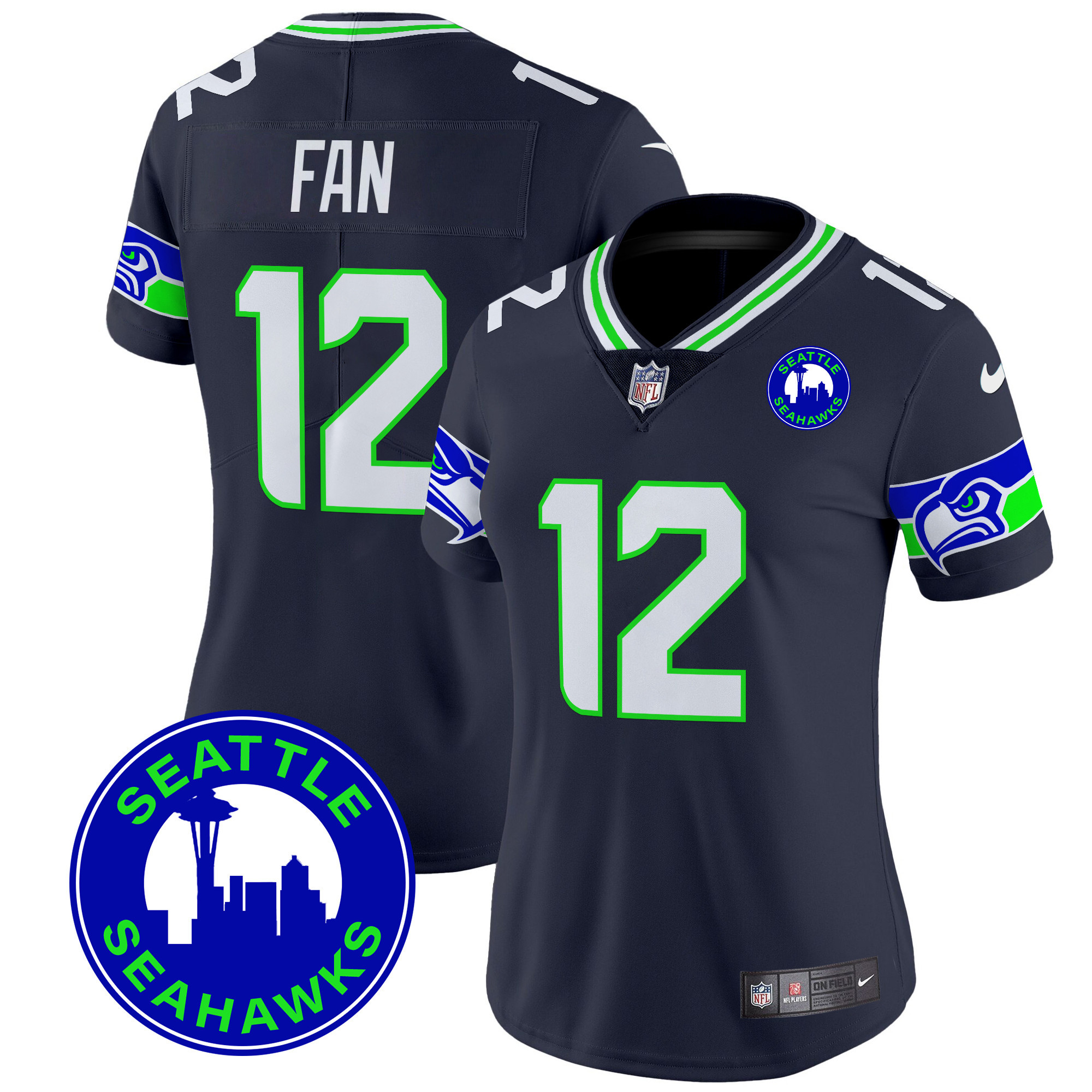 Women's 12Th Fan Seattle Seahawks 2024 Seattle City Patch Vapor Limited Navy Jersey - All Stitched