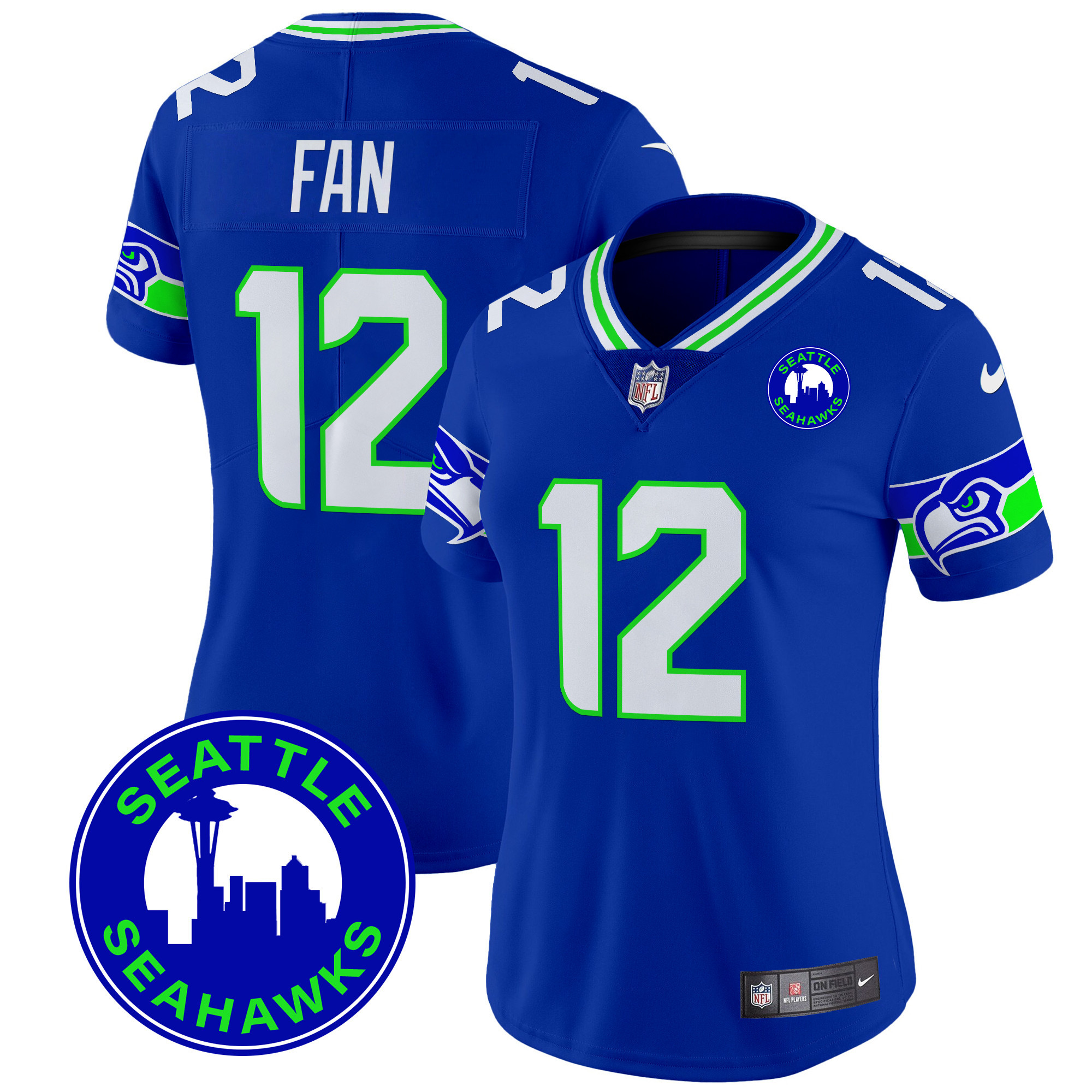 Women's 12Th Fan Seattle Seahawks 2024 Seattle City Patch Vapor Limited Royal Jersey - All Stitched