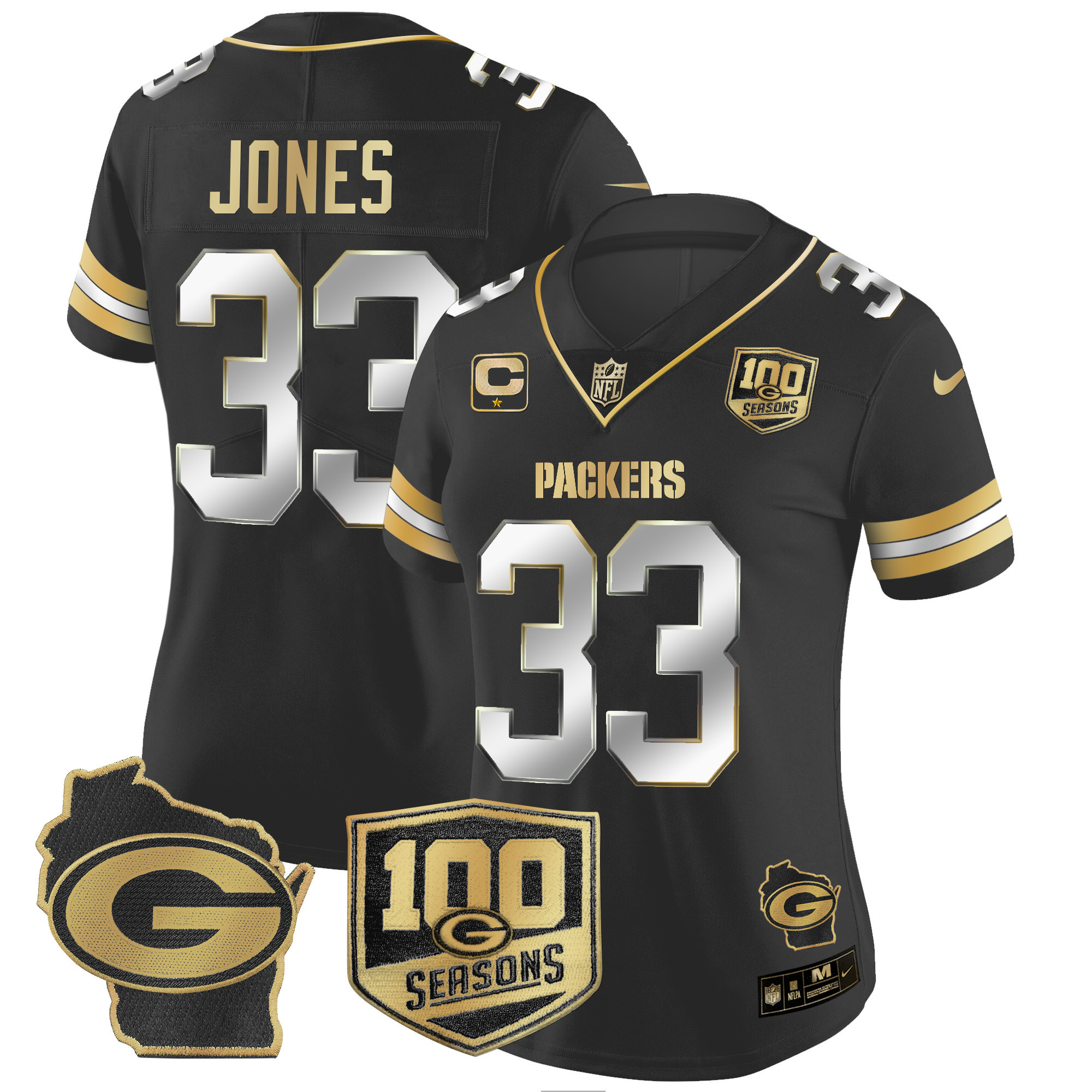 Women's Aaron Jones Green Bay Packers 100th Season & Home Patch Gold Vapor Limited Black Limited Jersey â€“ All Stitched