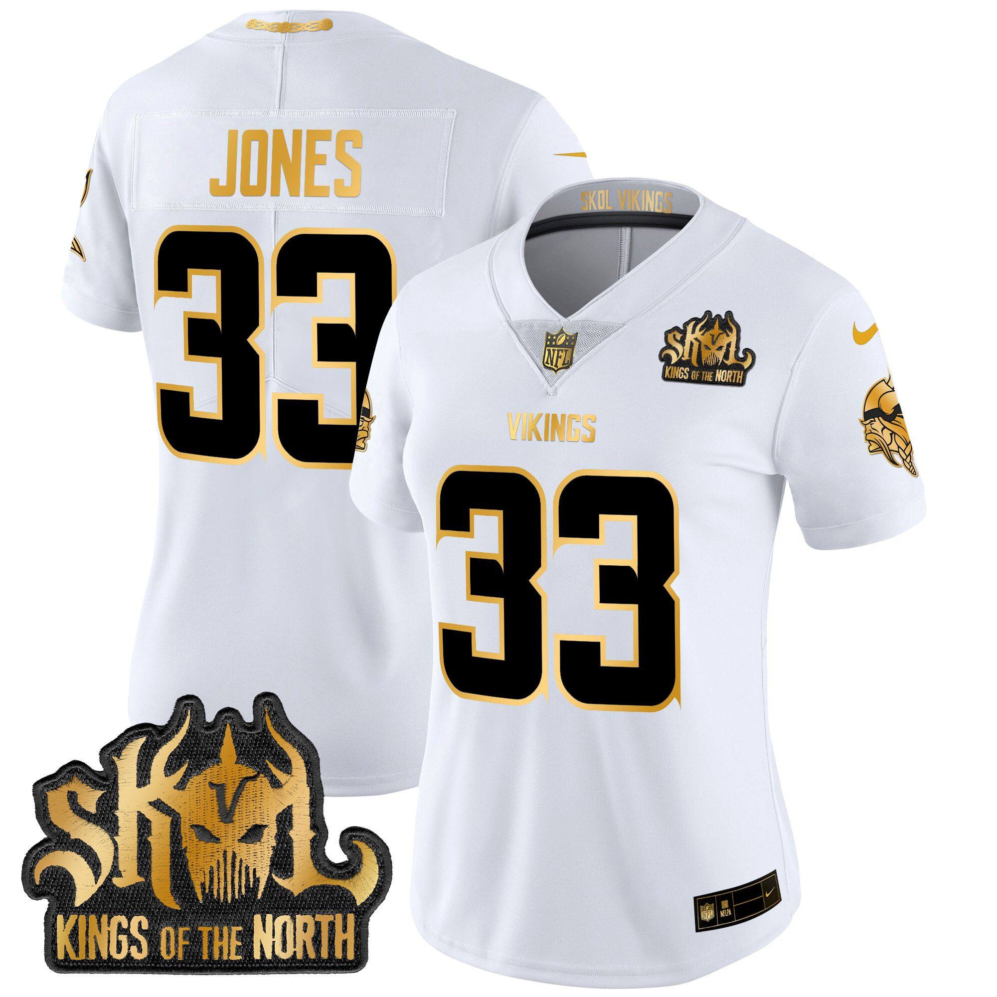 Women's Aaron Jones Minnesota Vikings 2024 Winter Warrior Skol Patch Gold Vapor Limited White Gold Jersey - All Stitched