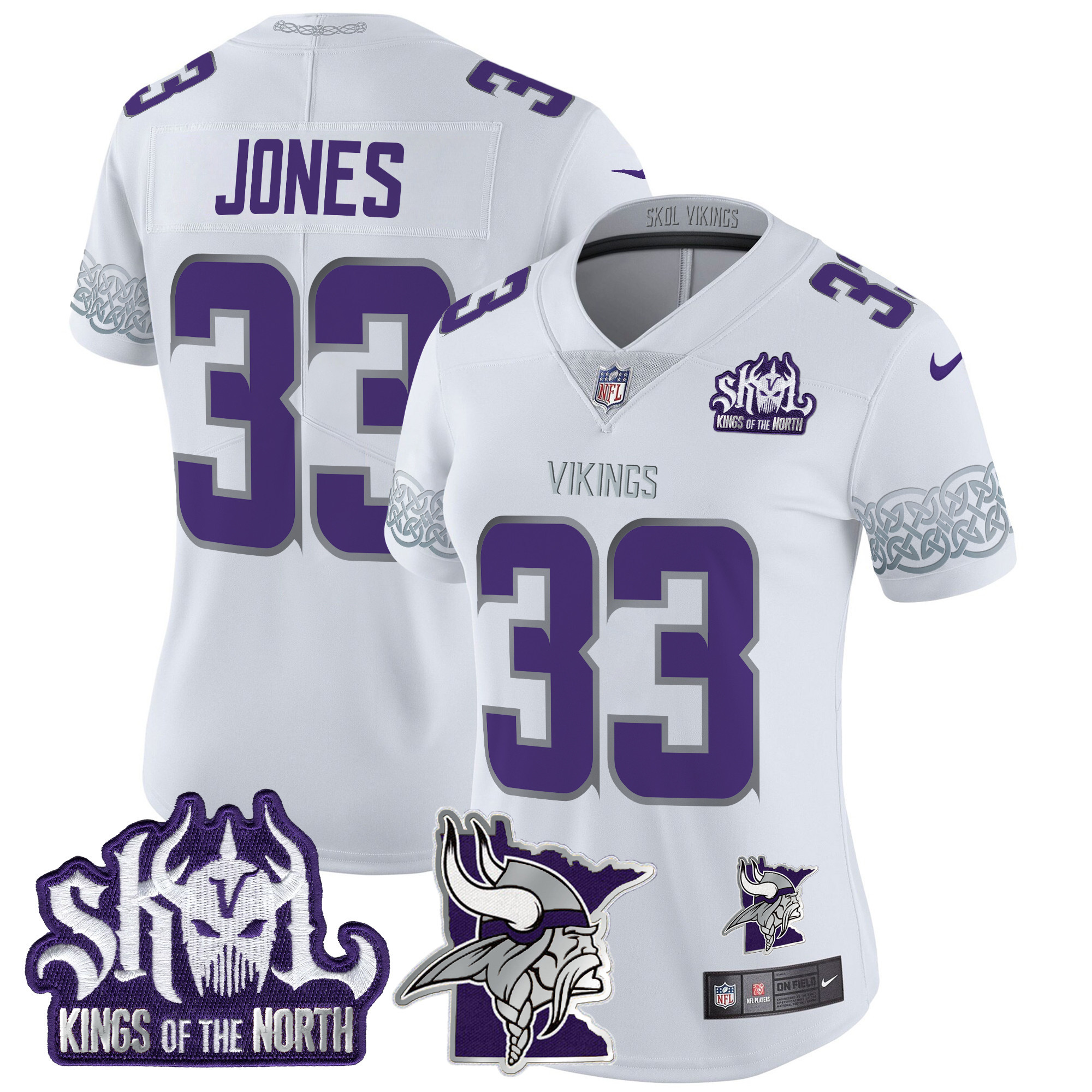 Women's Aaron Jones Minnesota Vikings 2024 Winter Warrior Skol Patch Vapor Limited White Jersey V2 - All Stitched
