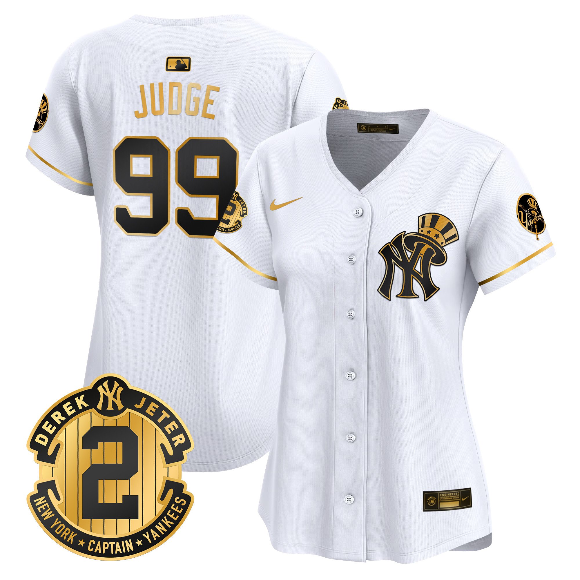 Women's Aaron Judge New York Yankees Derek Jeter Patch Vapor Premier Limited White Gold Jersey V2 - All Stitched