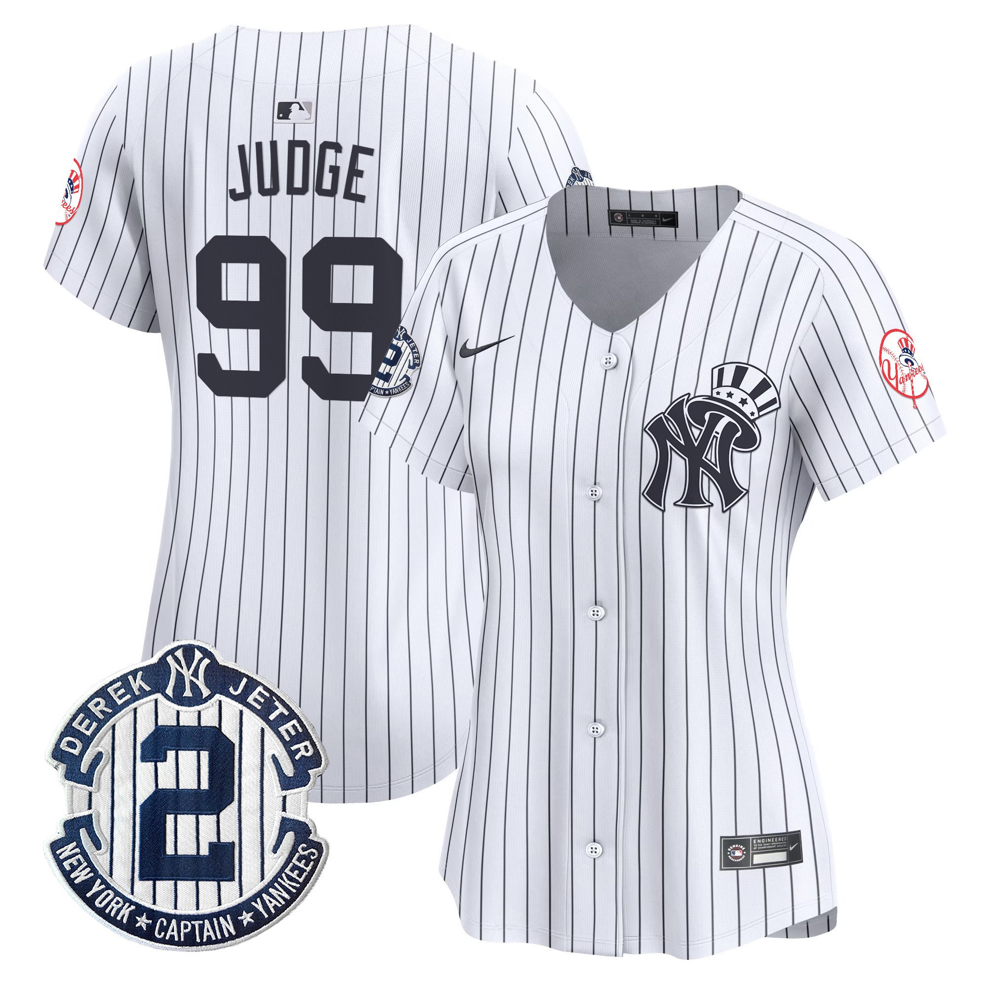 Women's Aaron Judge New York Yankees Derek Jeter Patch Vapor Premier Limited White Jersey V2 - All Stitched