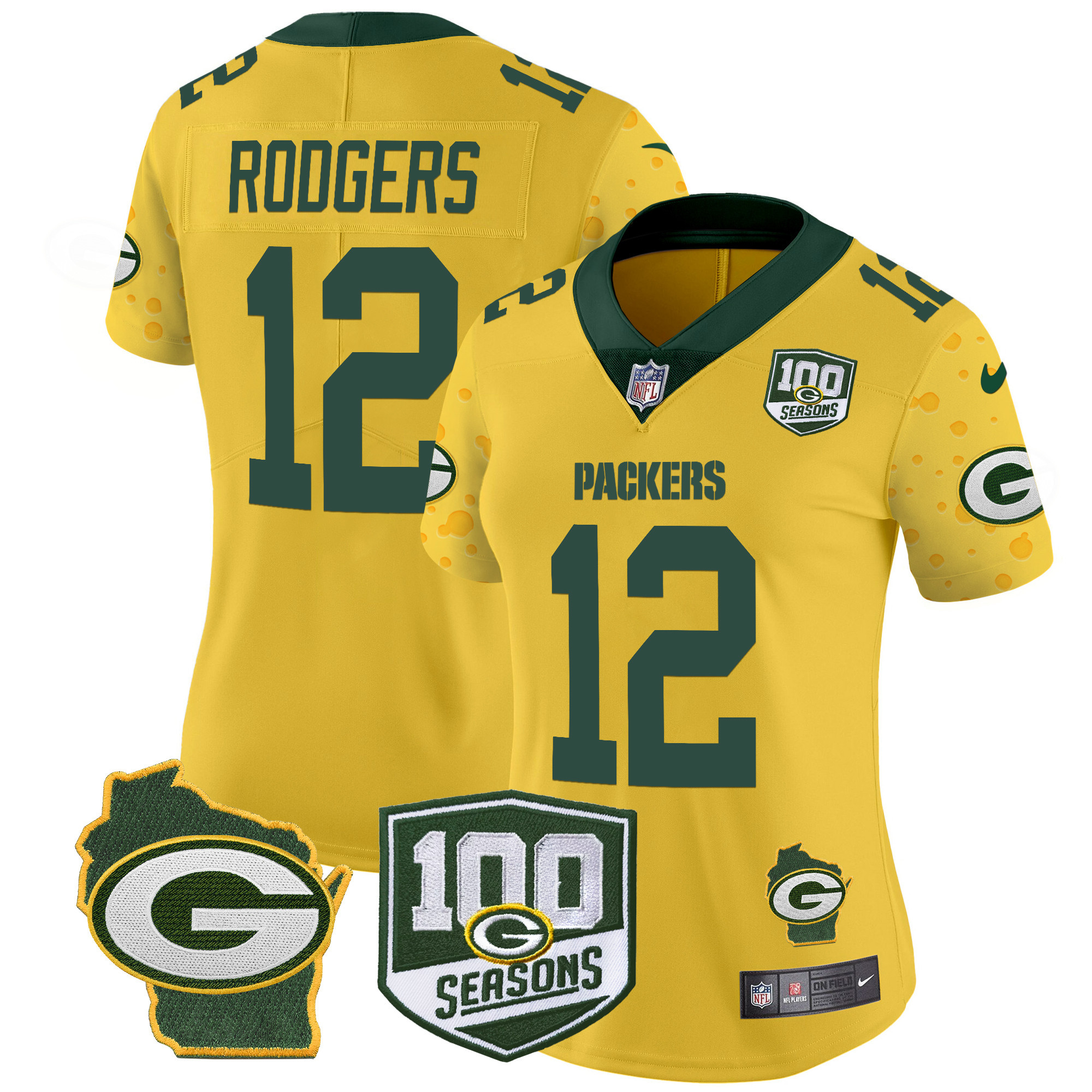 Women's Aaron Rodgers Green Bay Packers 100th Season & Home Patch Cheese Vapor Limited Gold Jersey â€“ All Stitched