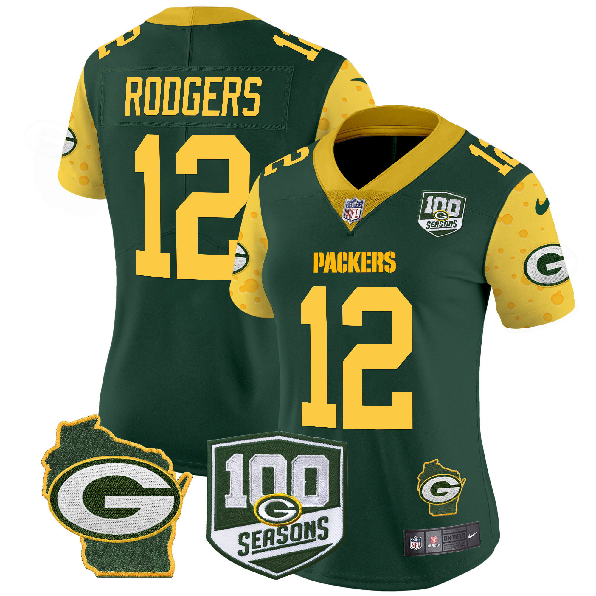 Women's Aaron Rodgers Green Bay Packers 100th Season & Home Patch Cheese Vapor Limited Green Jersey â€“ All Stitched