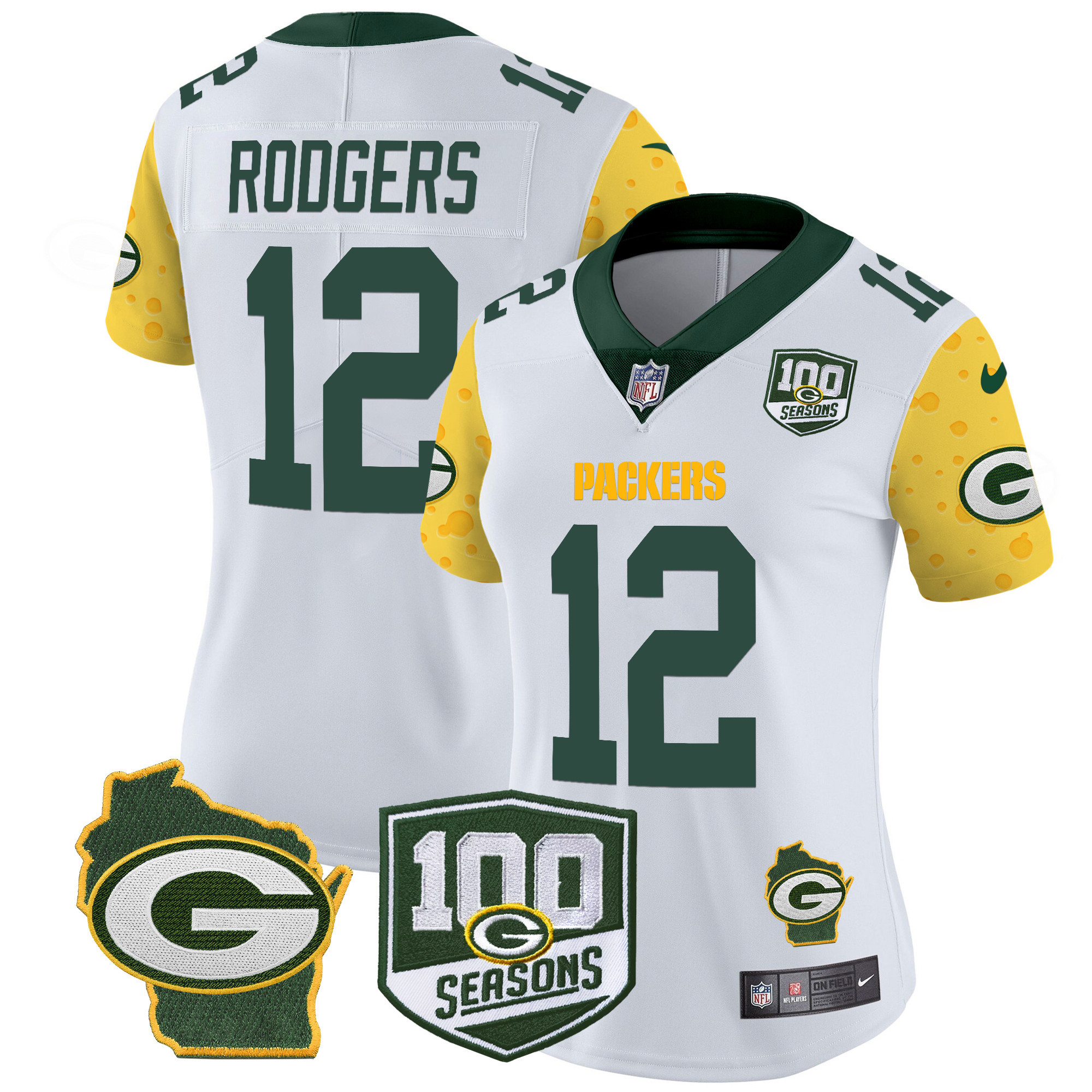 Women's Aaron Rodgers Green Bay Packers 100th Season & Home Patch Cheese Vapor Limited White Jersey â€“ All Stitched