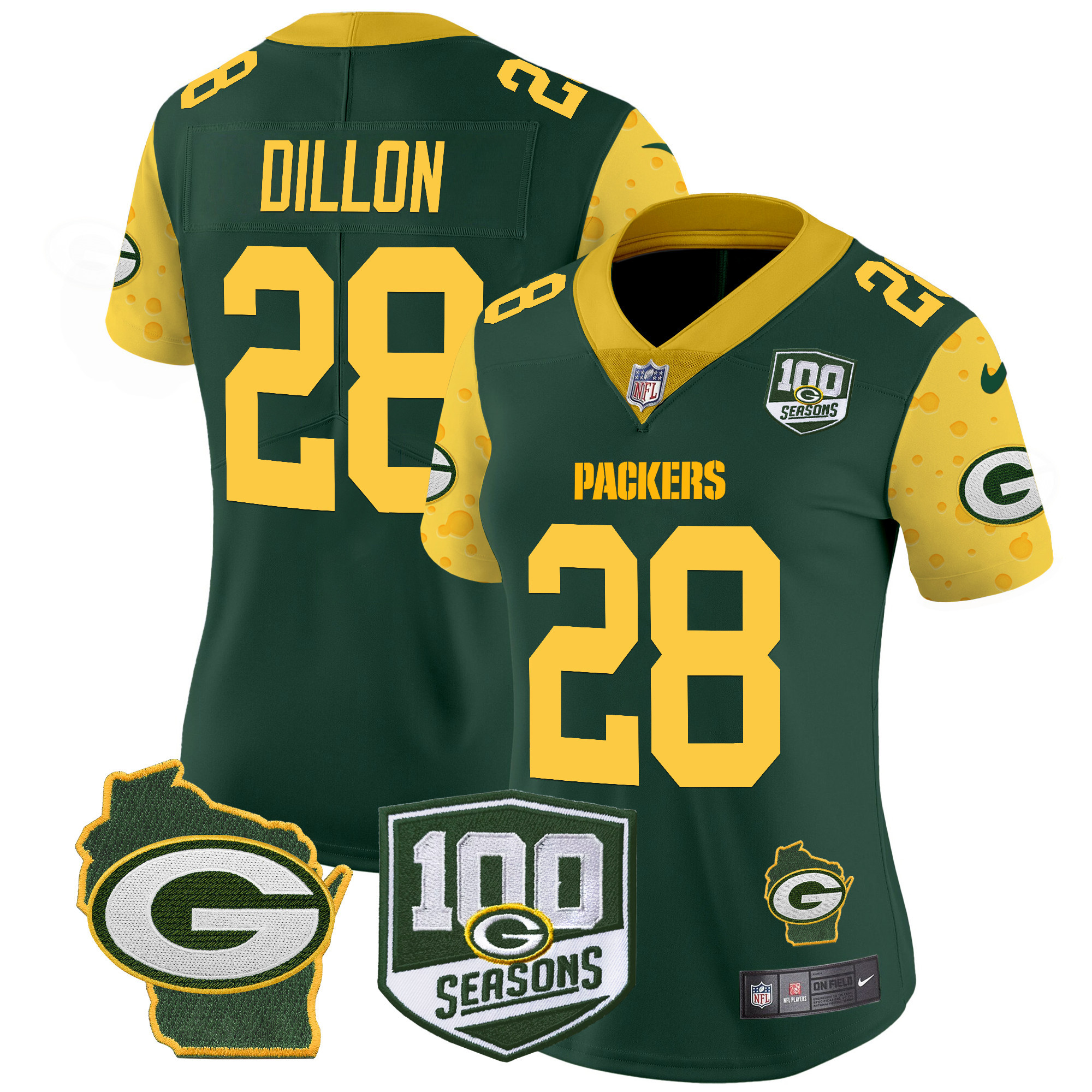 Women's AJ Dillon Green Bay Packers 100th Season & Home Patch Cheese Vapor Limited Green Jersey â€“ All Stitched