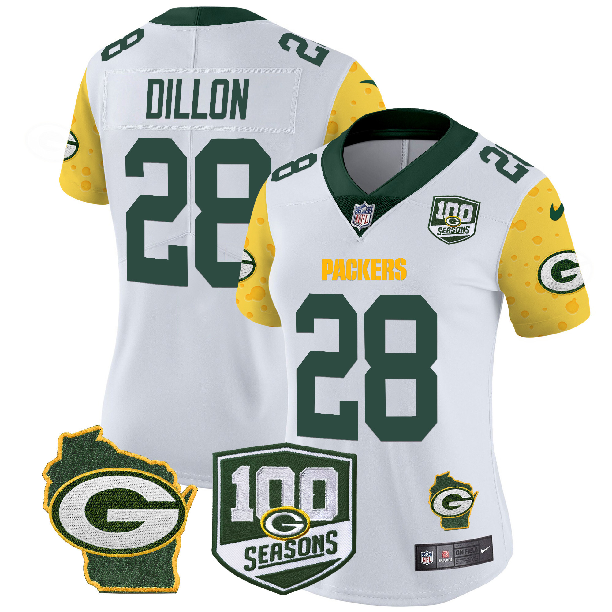 Women's AJ Dillon Green Bay Packers 100th Season & Home Patch Cheese Vapor Limited White Jersey â€“ All Stitched