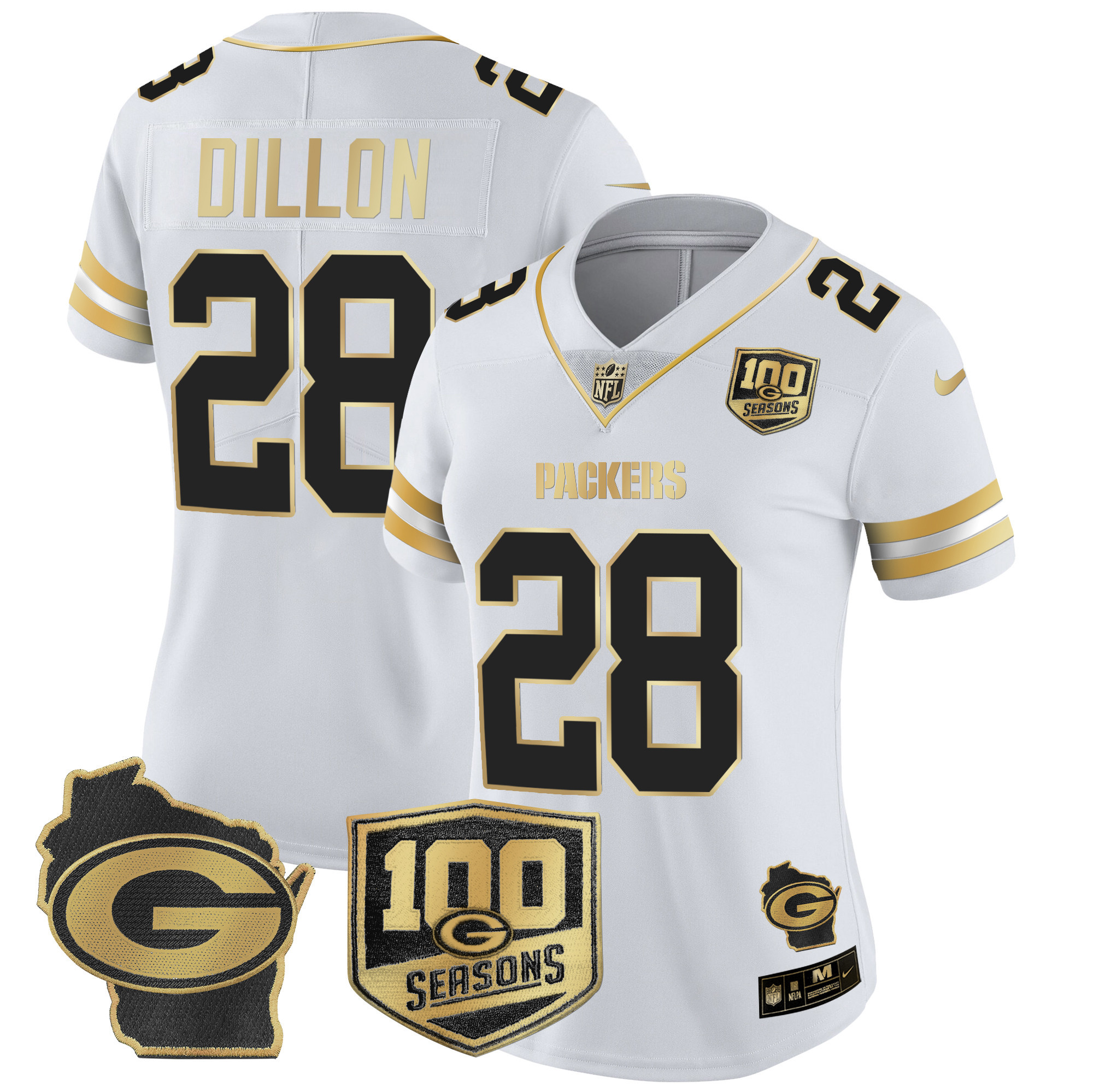 Women's AJ Dillon Green Bay Packers 100th Season & Home Patch Gold Vapor Limited White Gold Jersey â€“ All Stitched