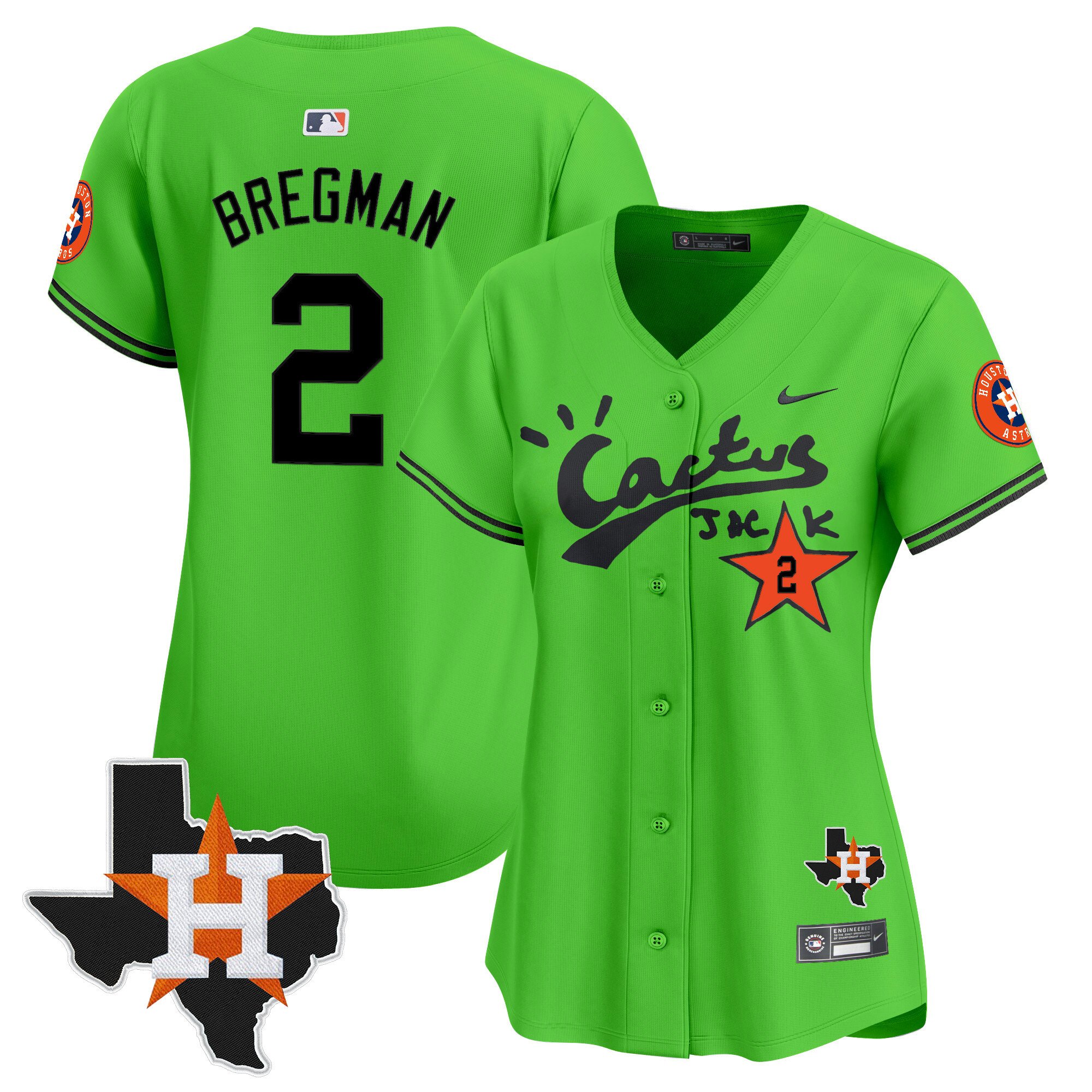 Women's Alex Bregman Houston Astros Cactus Jack Patch Vapor Premier Limited Green Jersey V11 - Stitched