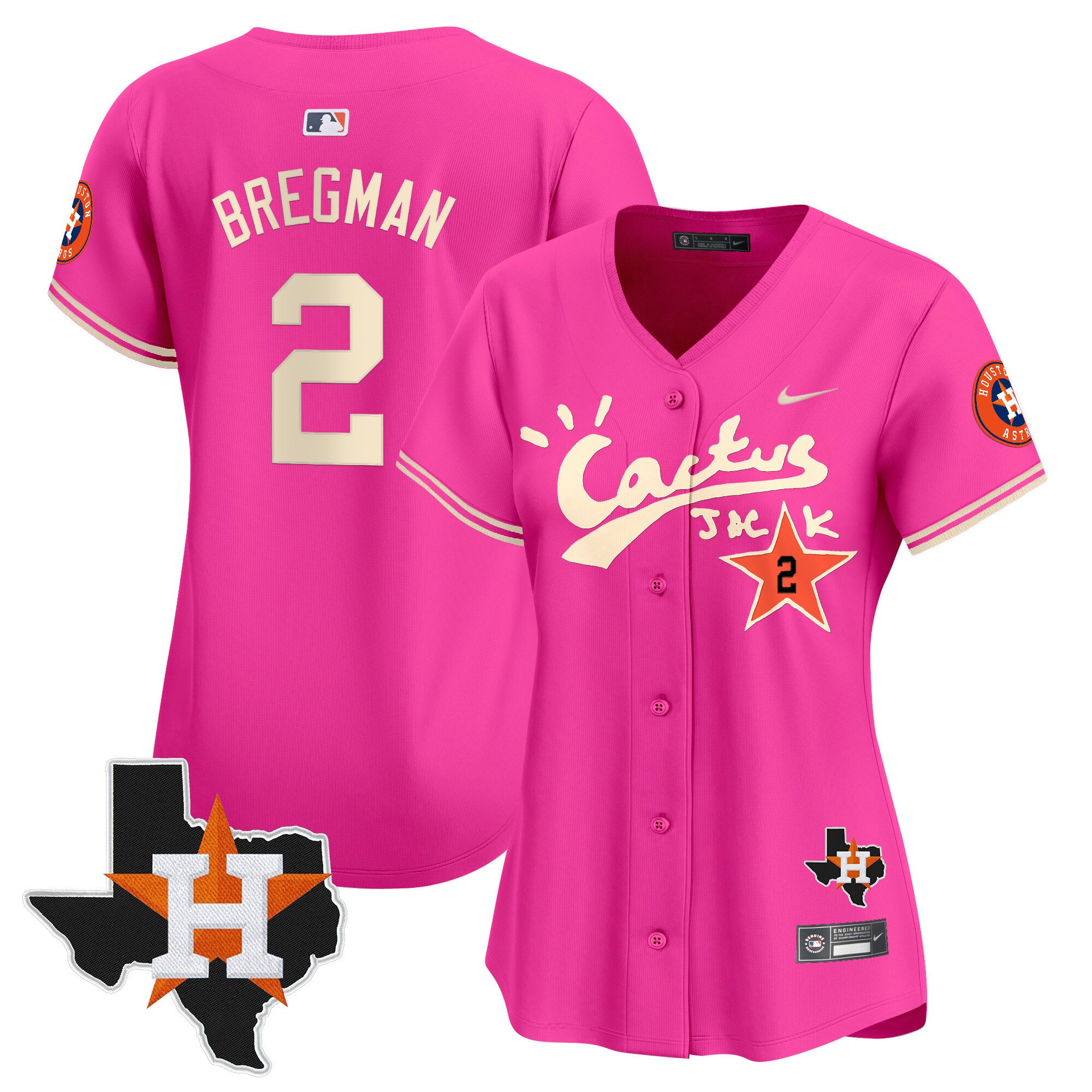 Women's Alex Bregman Houston Astros Cactus Jack Patch Vapor Premier Limited Pink Jersey V11 - Stitched
